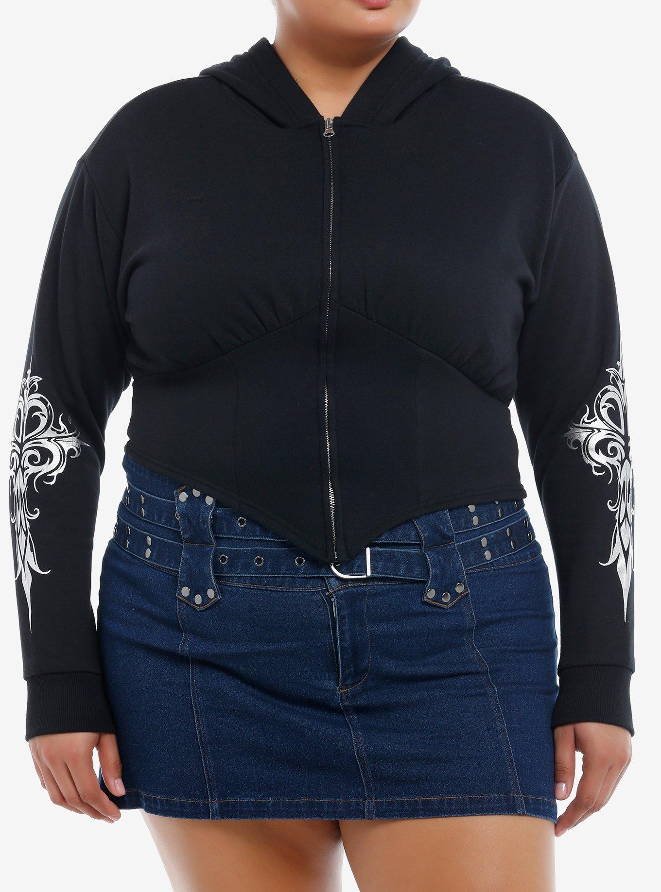 Social Collision Silver Cross Corset Girls Crop Hoodie Plus Size, , hi-res