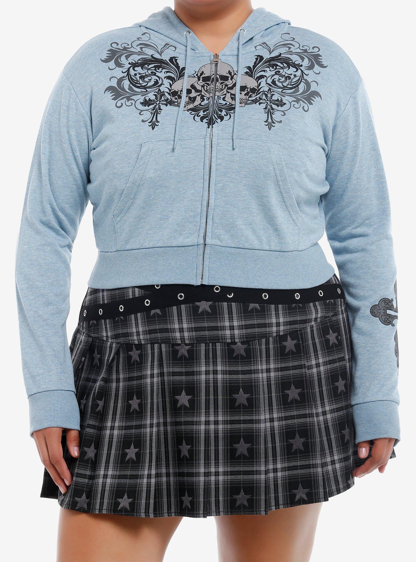 Social Collision Blue Grey Skull Girls Crop Hoodie Plus Size, , hi-res