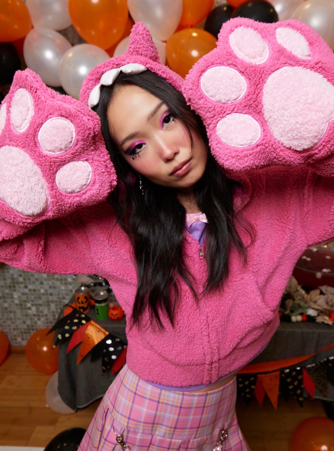 Sweet Society Fuzzy Pink Monster Paw Girls Crop Hoodie, , hi-res