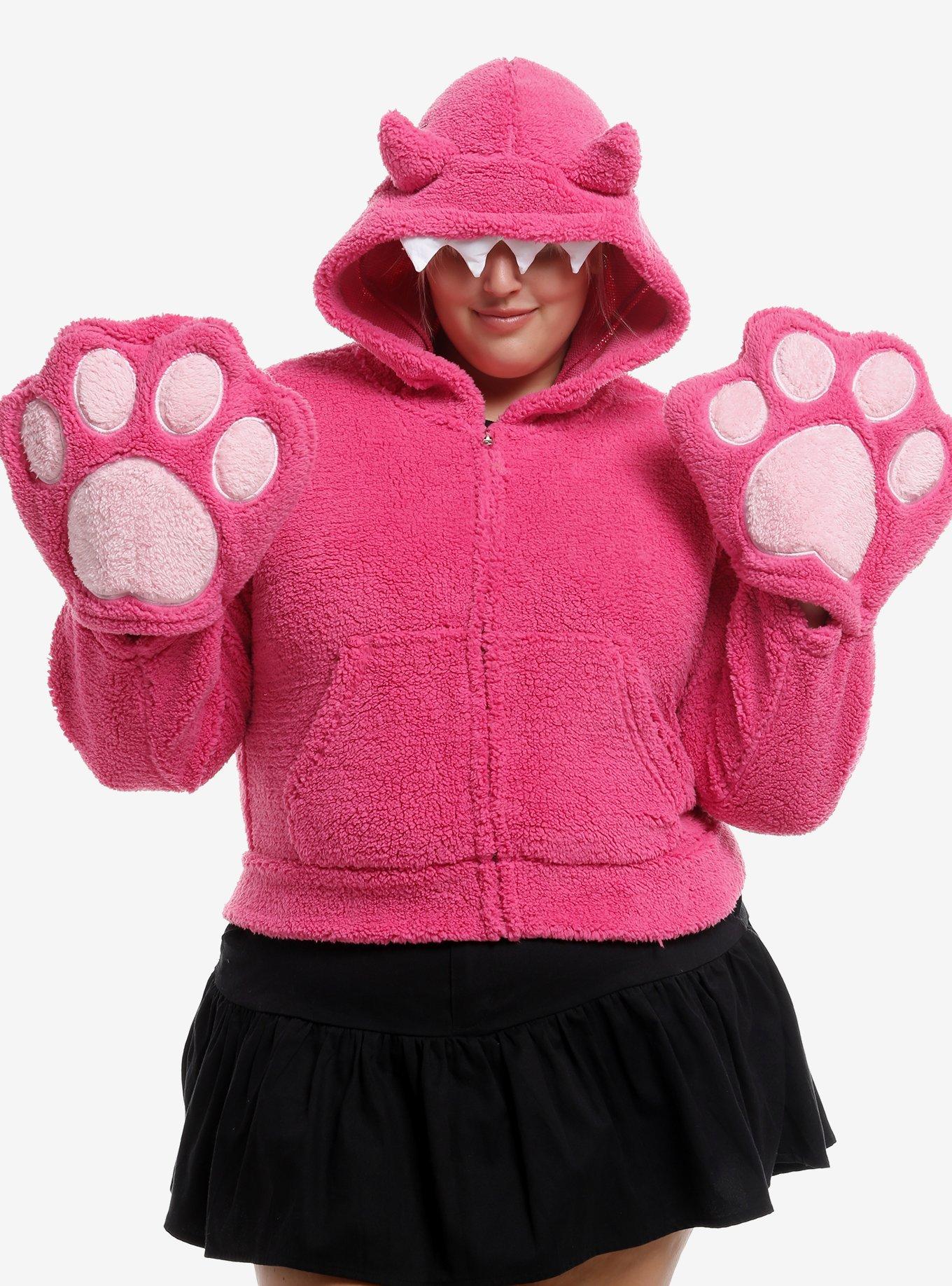 Sweet Society Fuzzy Pink Monster Paw Girls Crop Hoodie Plus Size, PINK, hi-res