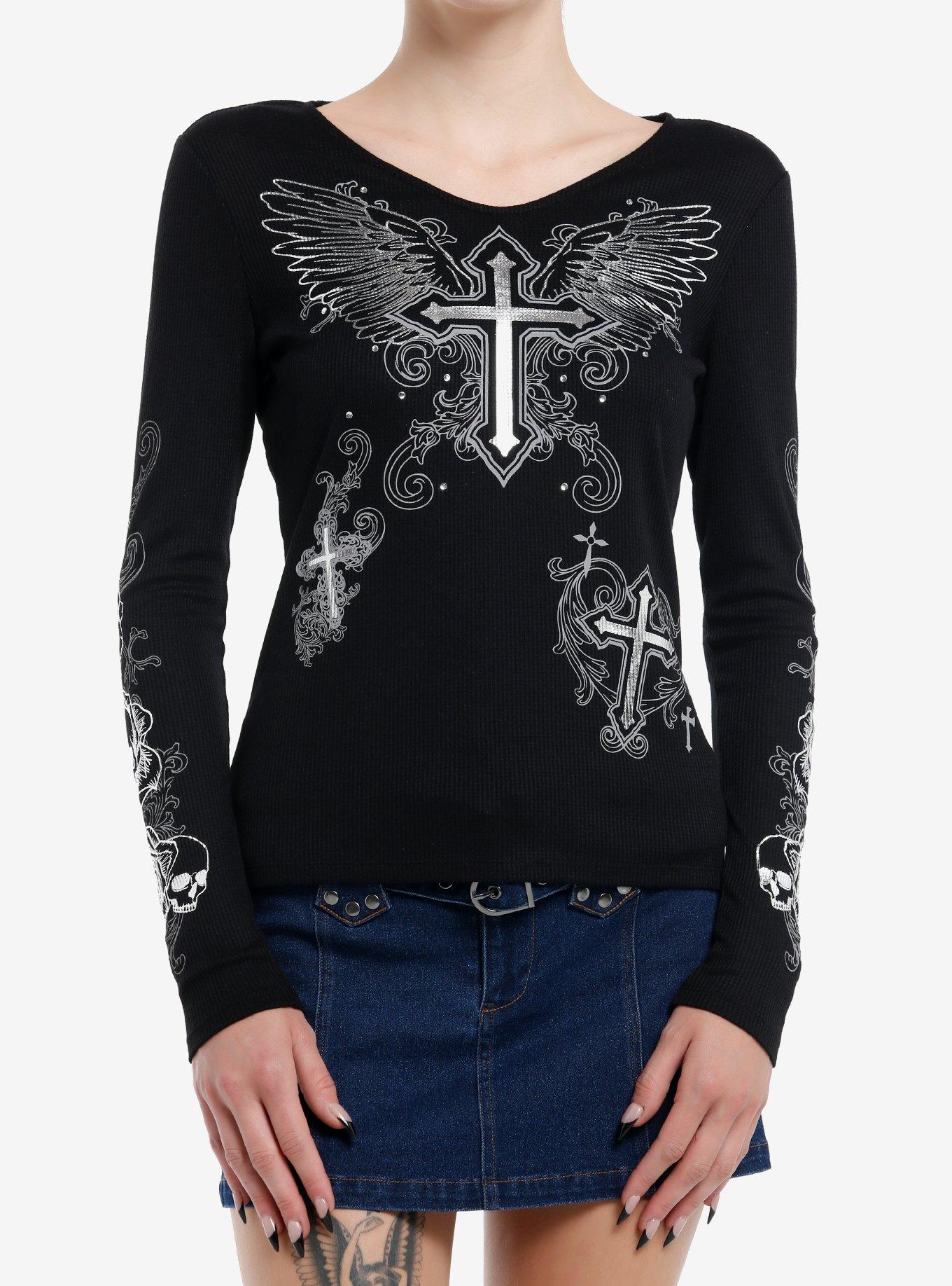 Social Collision Winged Cross Silver Foil Girls Long-Sleeve Top, , hi-res