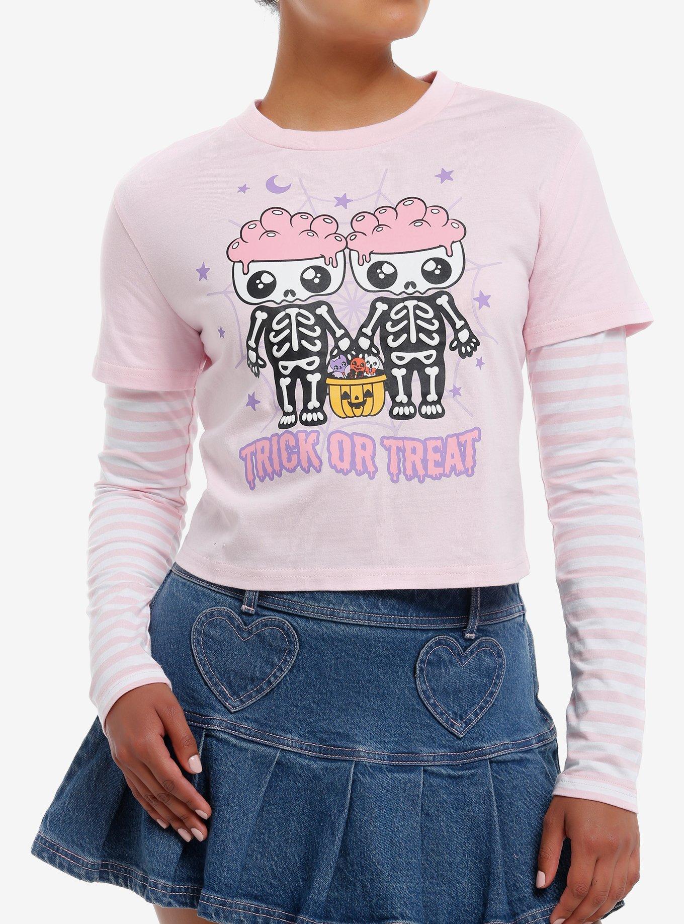 Sweet Society Skeleton Pink Stripe Girls Twofer Long-Sleeve, , hi-res