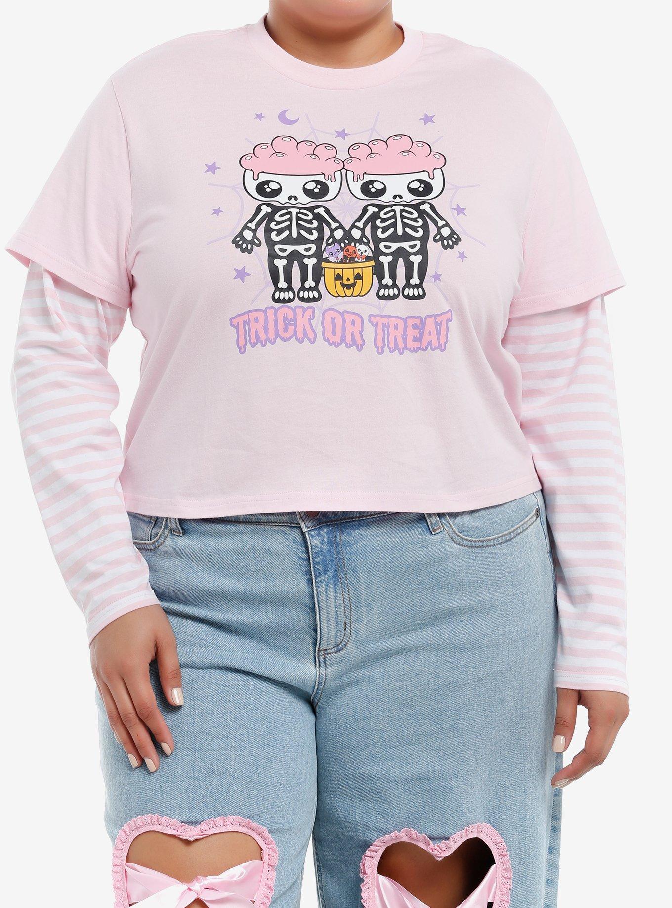 Sweet Society Skeleton Pink Stripe Girls Twofer Long-Sleeve Plus