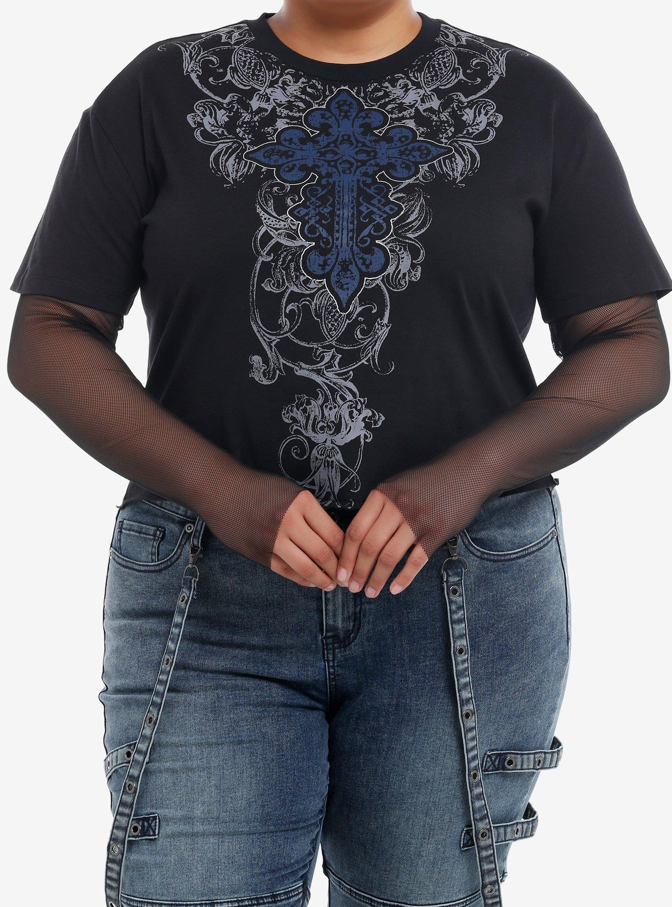 Social Collision Gothic Cross & Fishnet Girls Twofer Long-Sleeve Top Plus Size, , hi-res