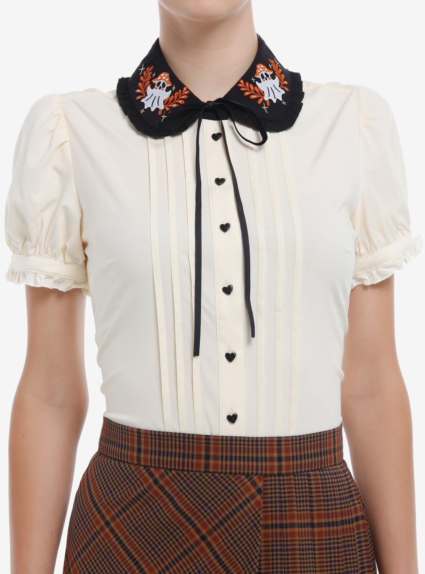 Thorn & Fable Mushroom Ghosts Puff-Sleeve Girls Woven Button-Up, BLACK, hi-res