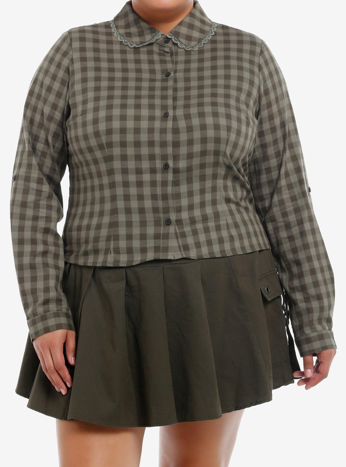 Thorn & Fable Green Checkered Girls Crop Long-Sleeve Button-Up Plus Size, , hi-res