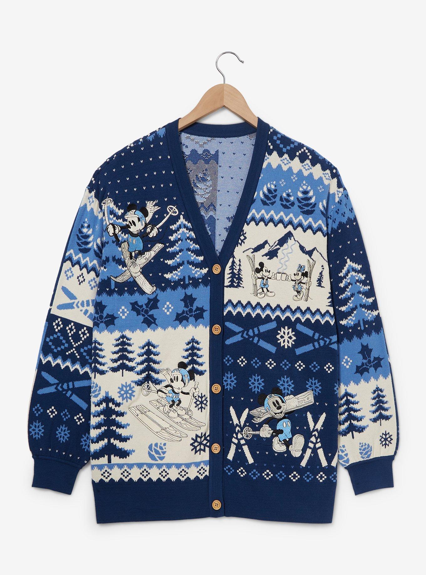 Her Universe Disney Mickey & Minnie Mouse Skiing Patterned Women's Cardigan - BoxLunch Exclusive, BLUE, hi-res