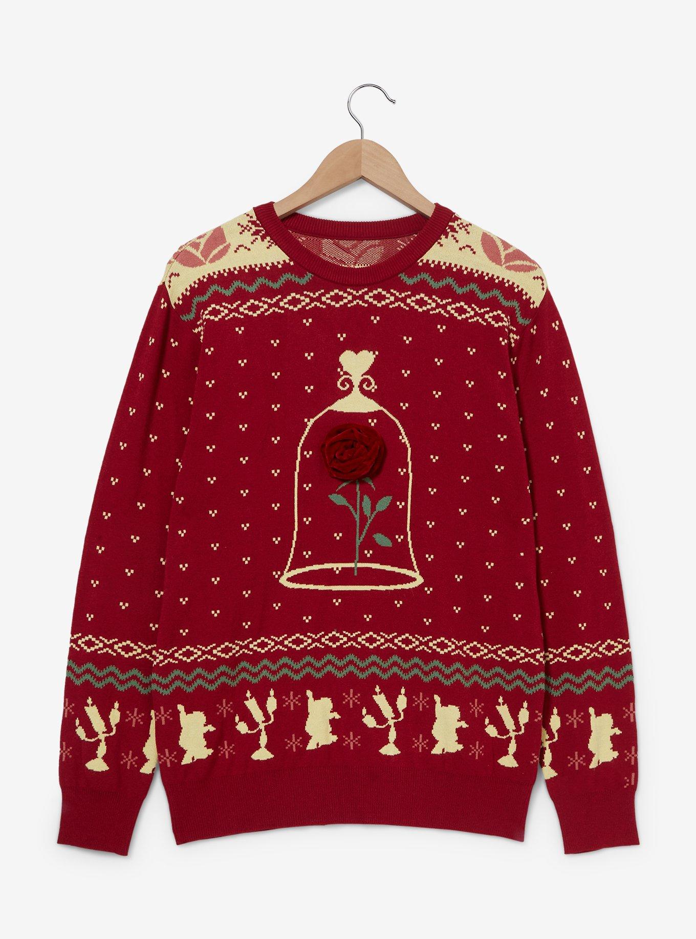 Disney Beauty and the Beast Enchanted Rose Patterned Holiday Sweater - BoxLunch Exclusive, RED, hi-res