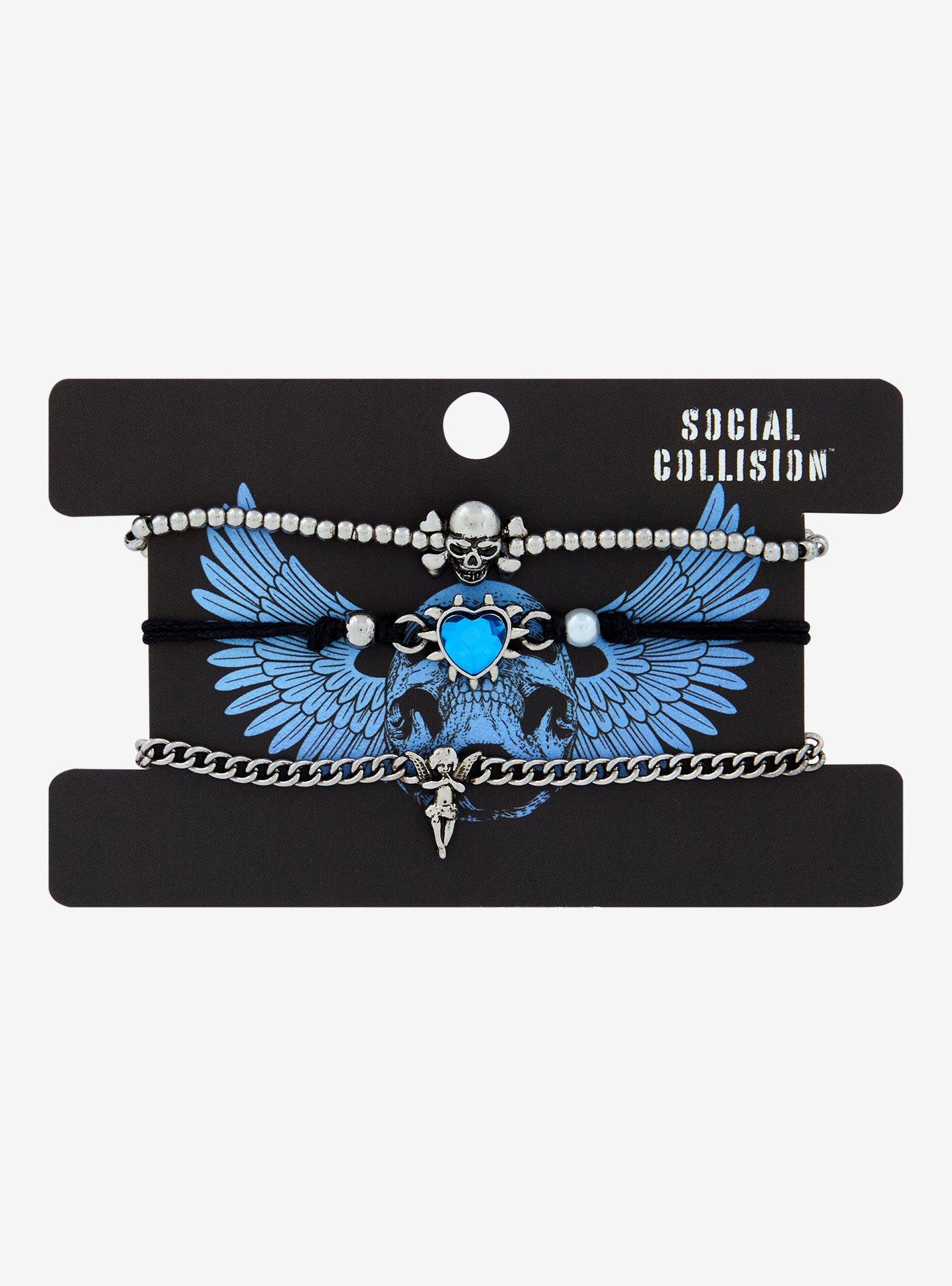 Social Collision Blue Heart Skull Bracelet Set, , hi-res