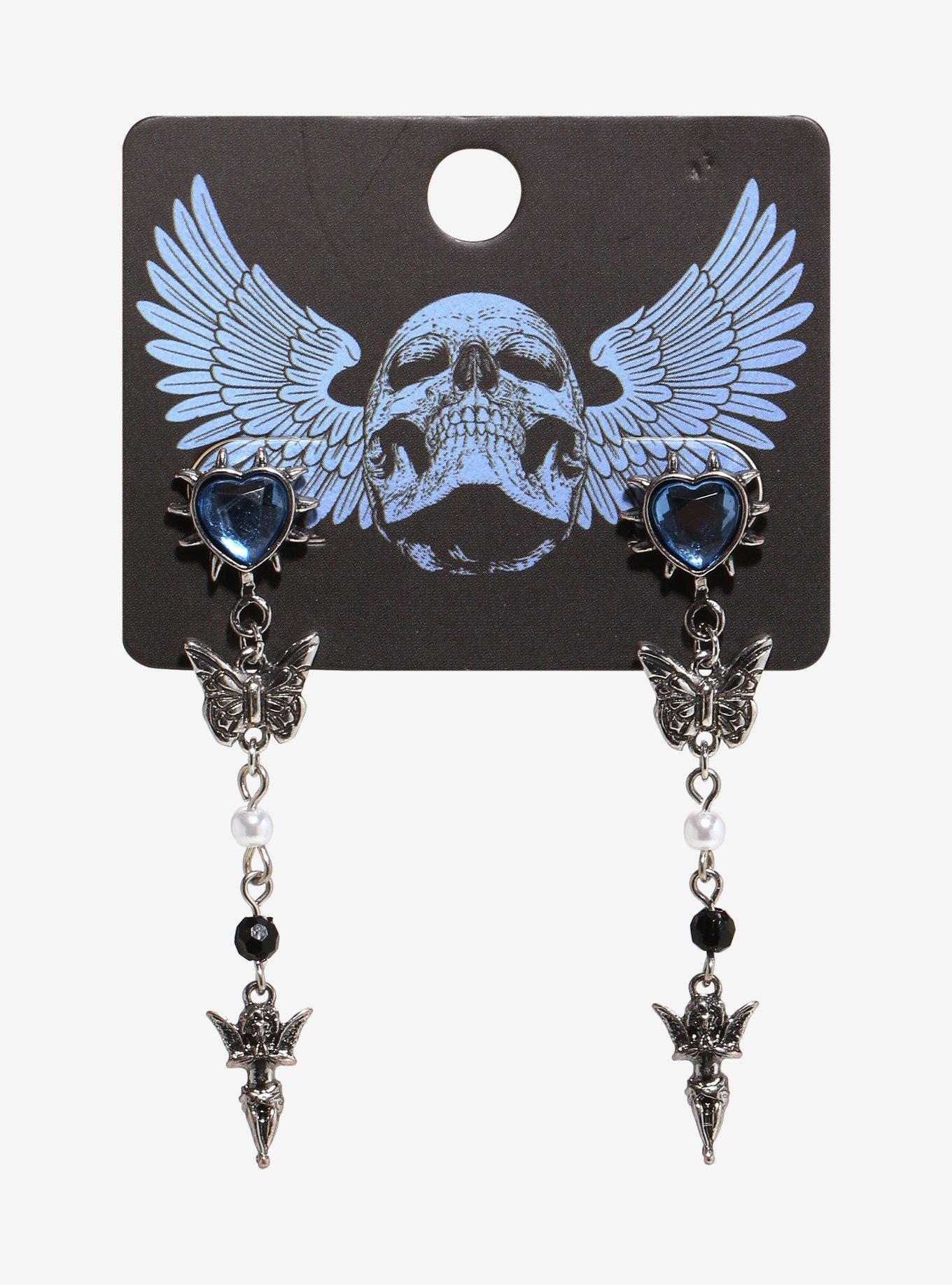 Social Collision Blue Heart Cherub Earrings, , hi-res