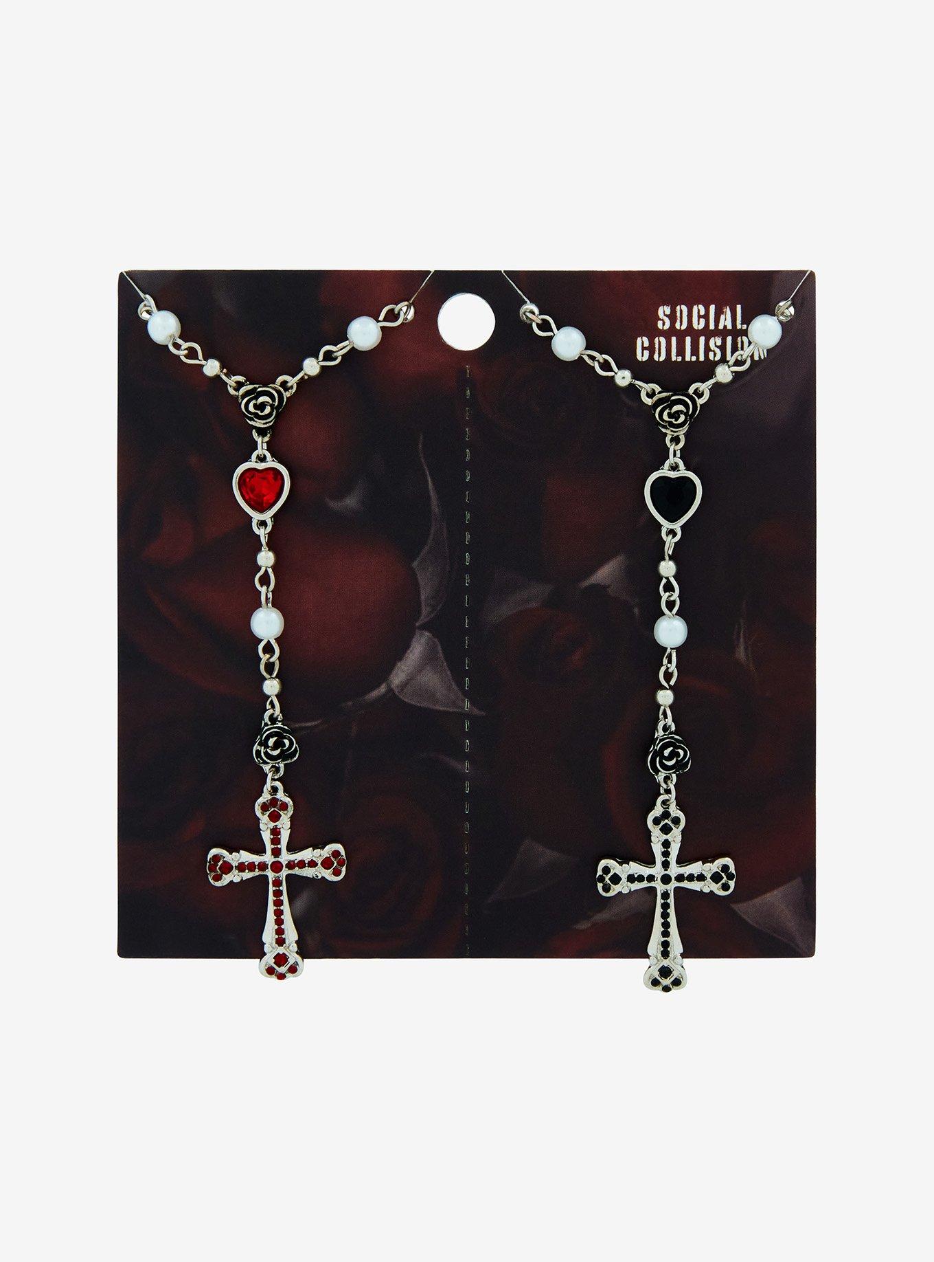 Social Collision Cross Heart Rosary Best Friend Necklace Set, , hi-res