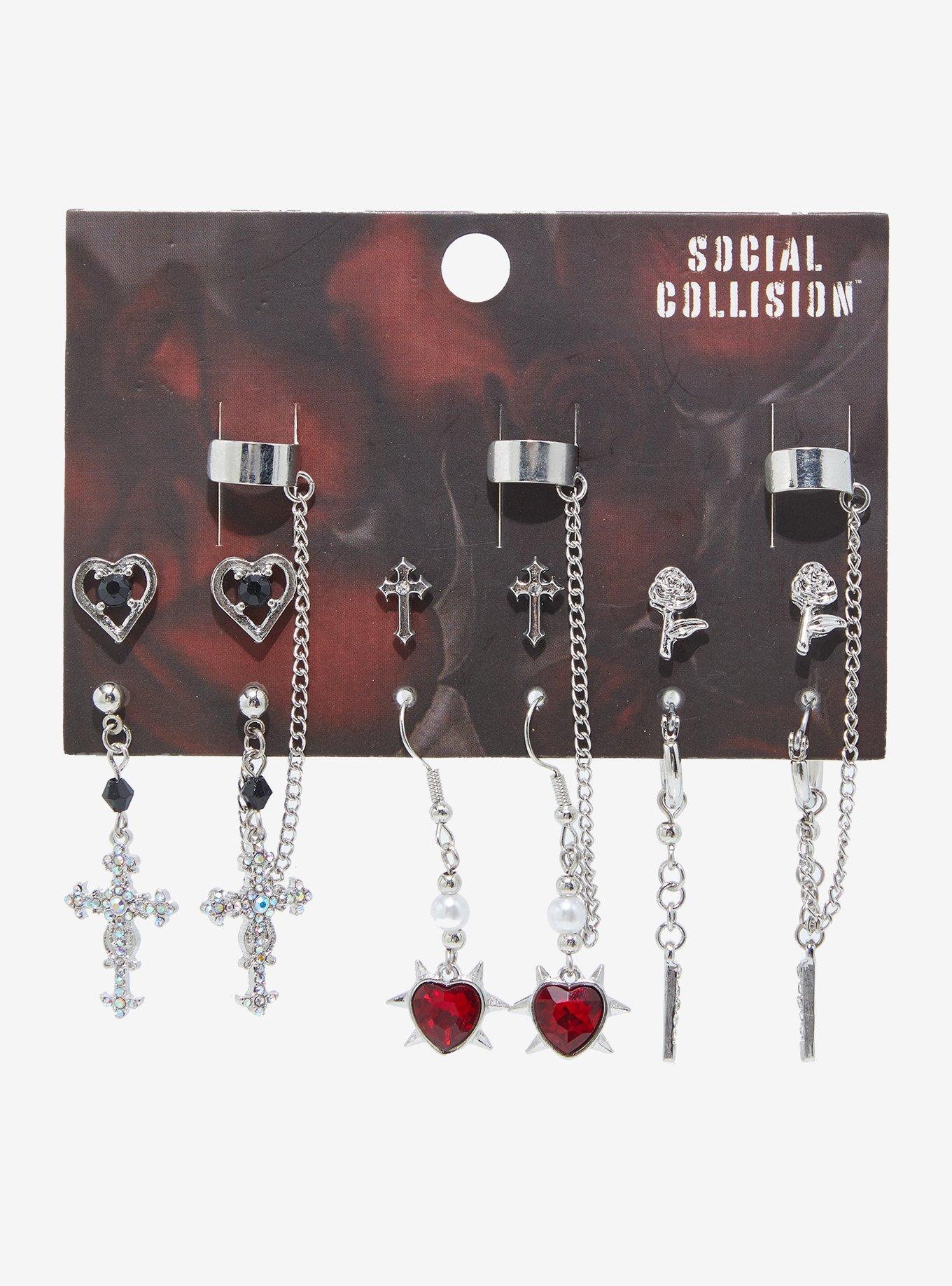 Social Collision Heart Spike Cross Cuff Earring Set, , hi-res