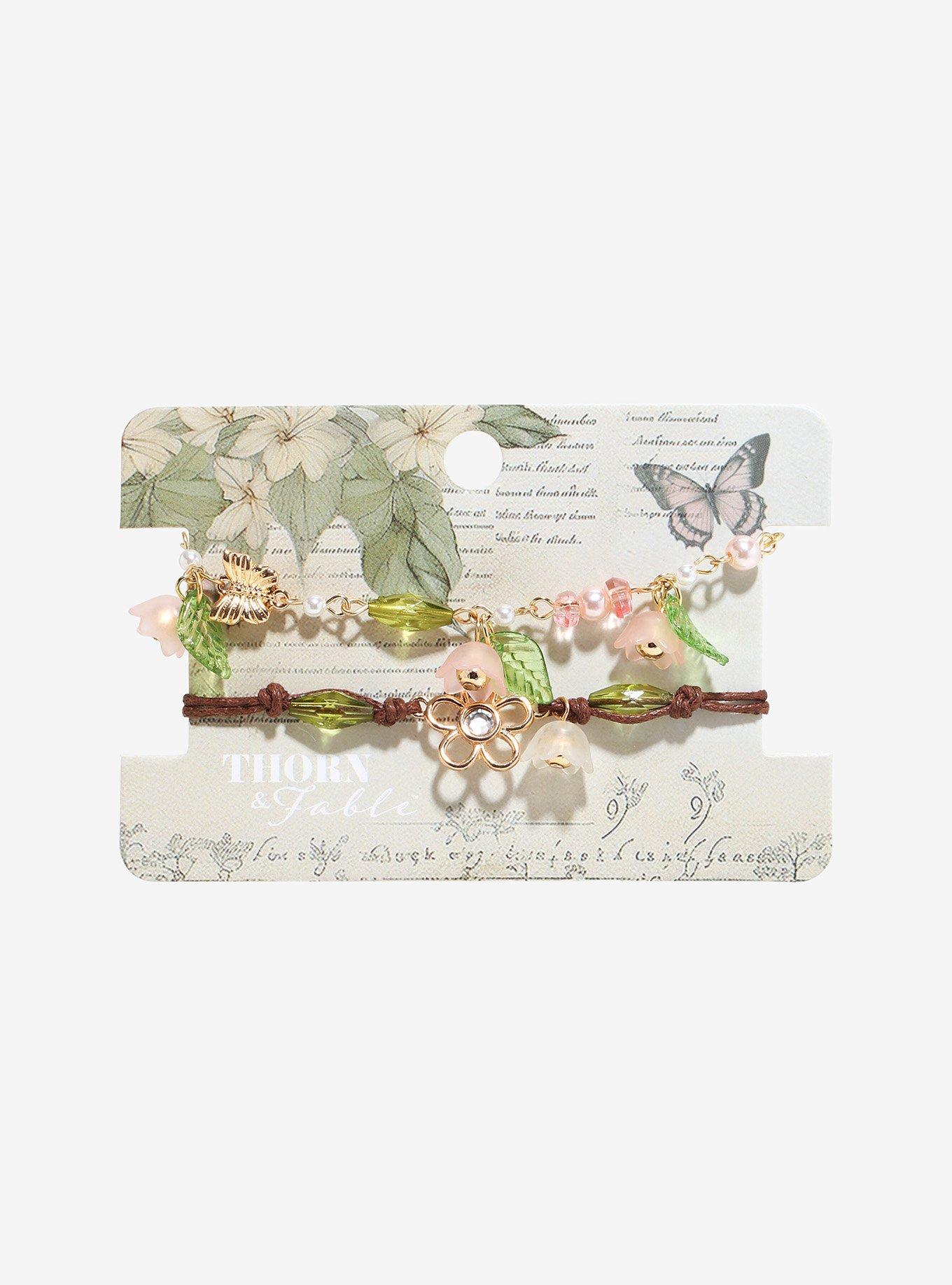 Thorn & Fable Pink Flower Leaf Bracelet Set, , hi-res