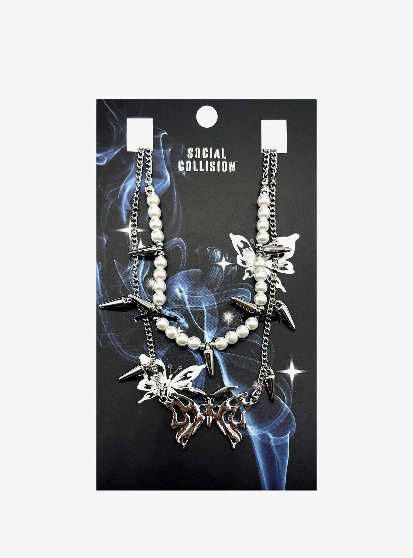 Social Collision Butterfly Spike Pearl Necklace Set, , hi-res