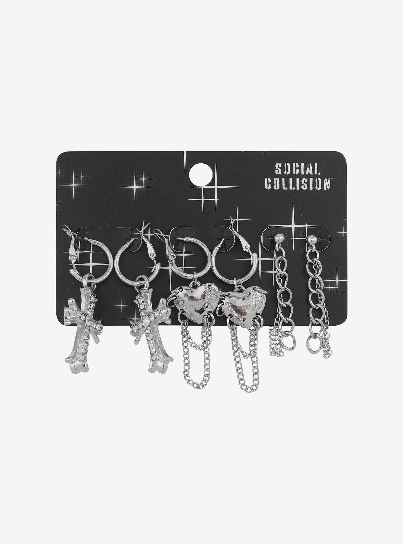 Social Collision Cross Heart Chain Bling Drop Earring Set, , hi-res