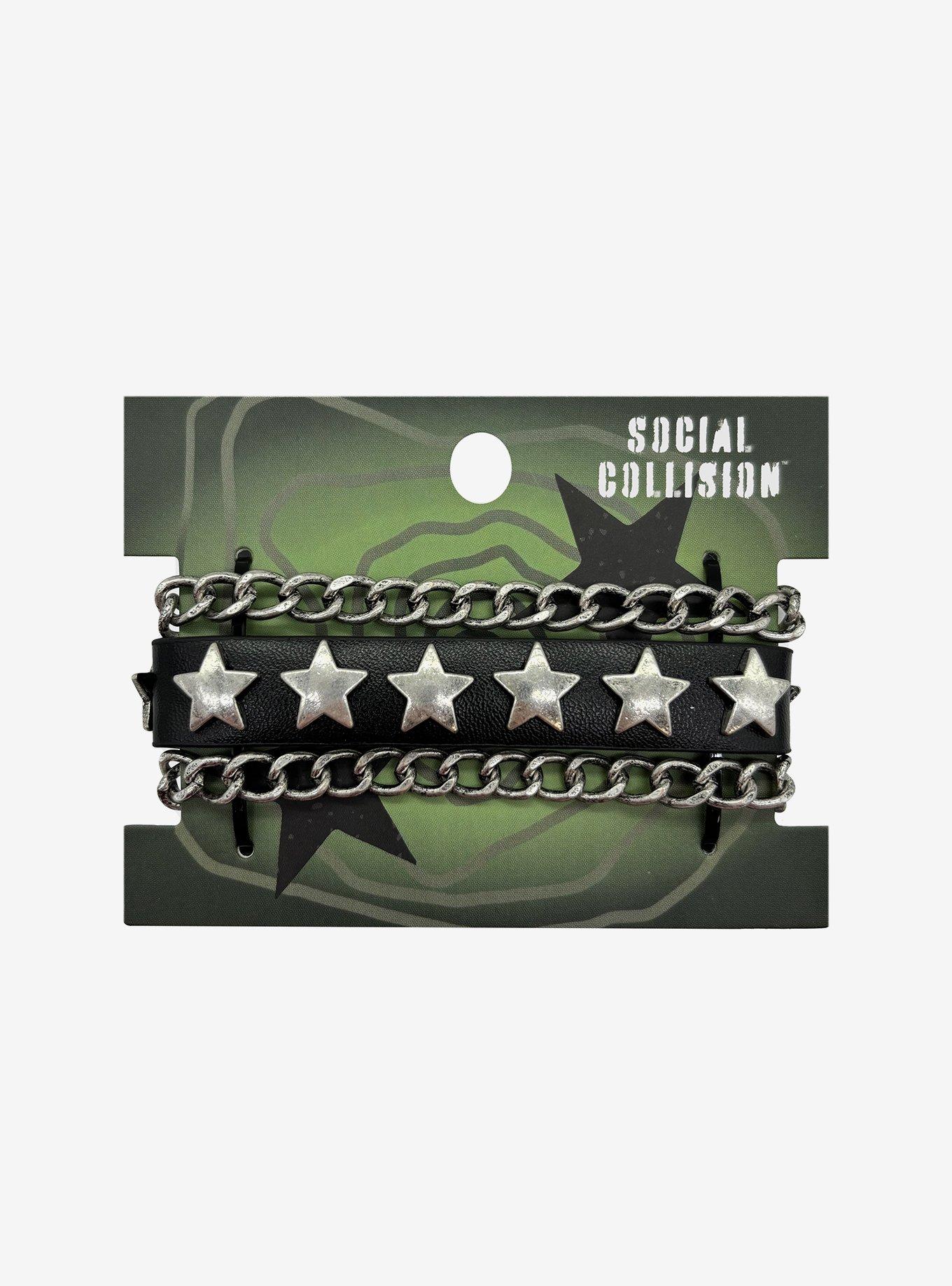 Social Collision Star & Chain Faix Leather Bracelet, , hi-res