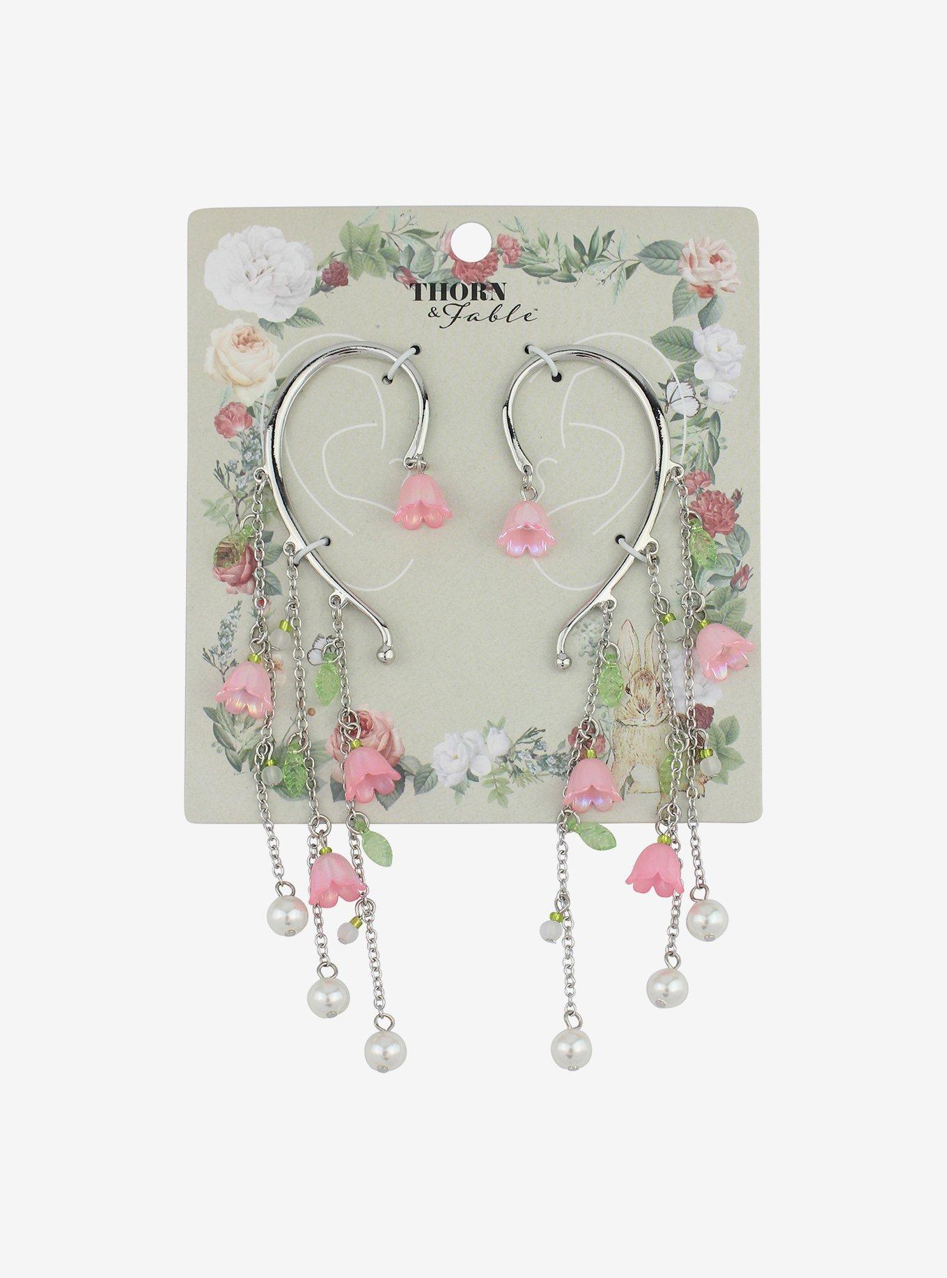 Thorn & Fable Pink Flower Pearl Cuff Earring Set, , hi-res