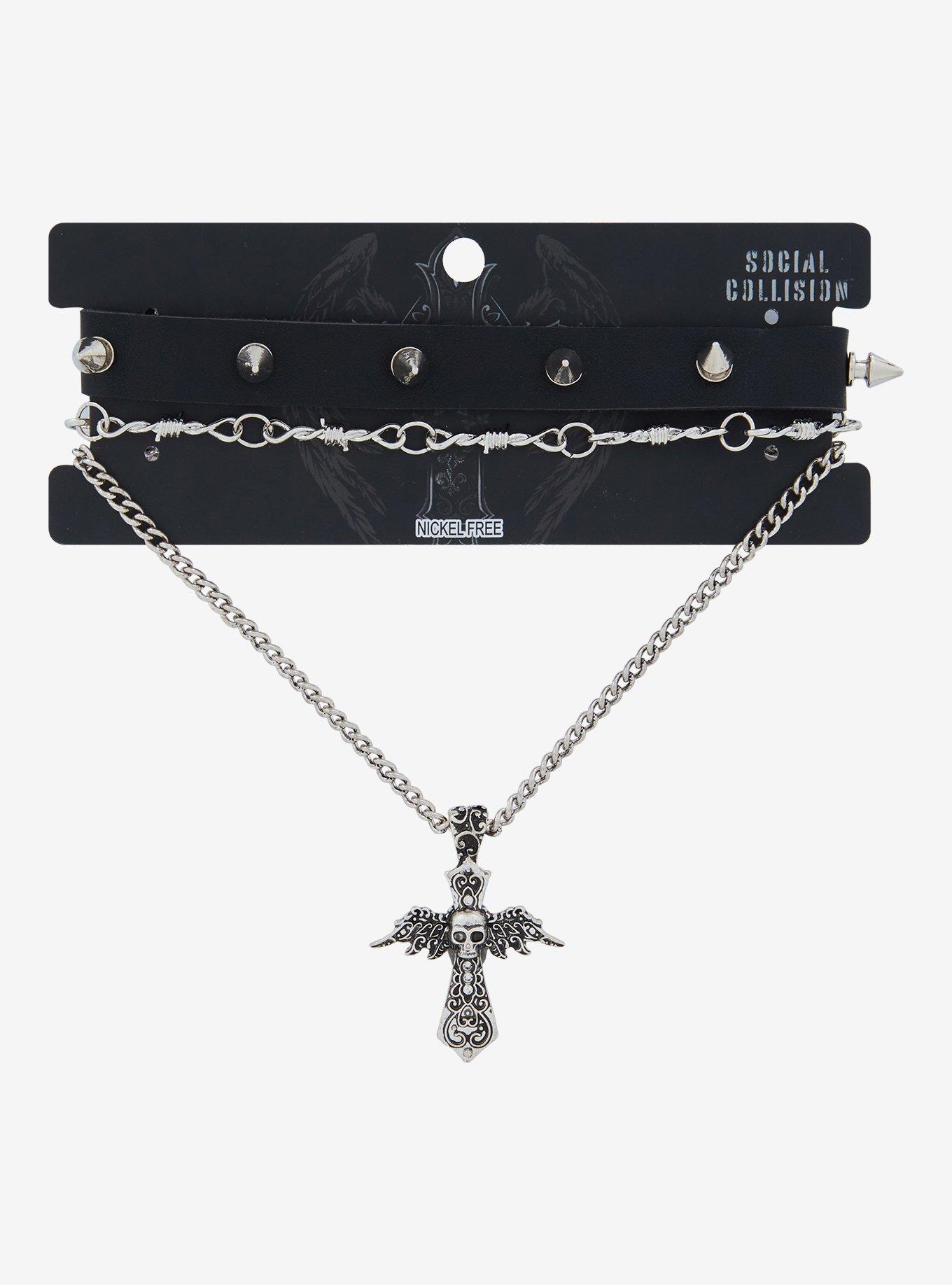 Social Collision Winged Skull Cross Necklace Set, , hi-res