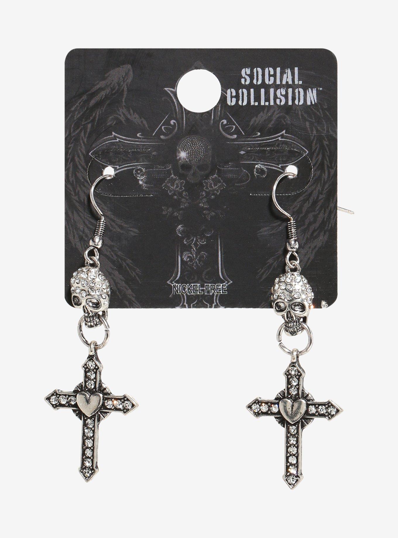 Social Collision Rhinestone Skull & Cross Drop Earrings, , hi-res