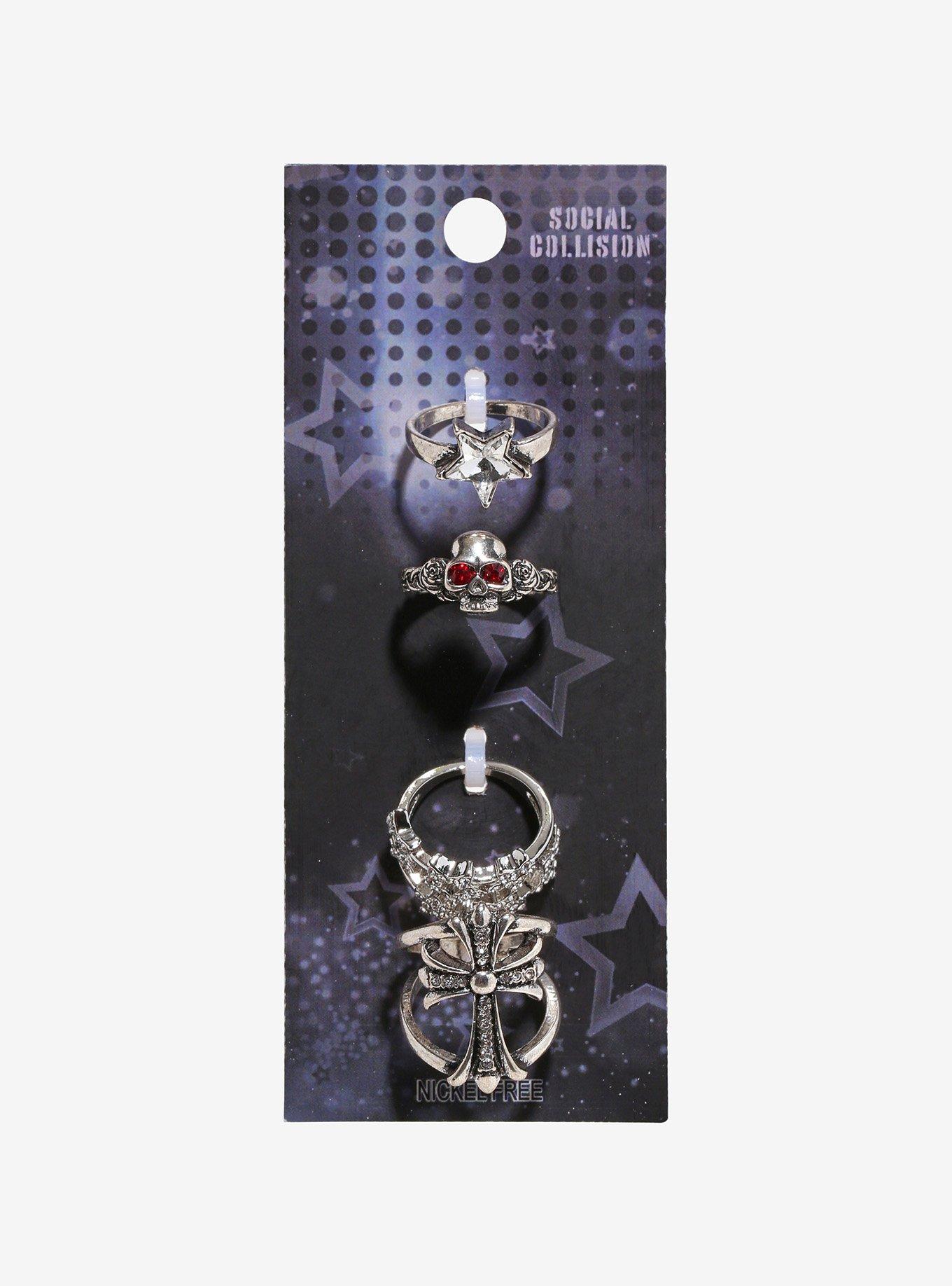 Social Collision Skull Star Cross Ring Set, , hi-res