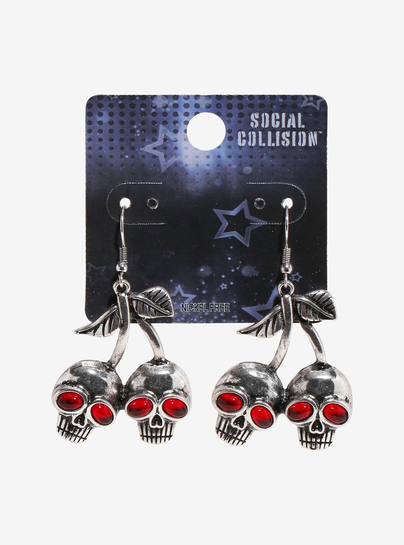 Social Collision Skull Cherry Drop Earrings, , hi-res