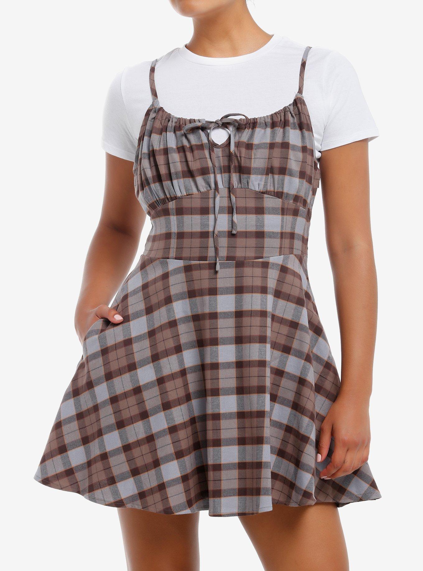 Thorn & Fable Brown & Grey Plaid Twofer Dress, , hi-res