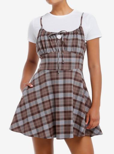 Thorn & Fable Brown & Grey Plaid Twofer Dress