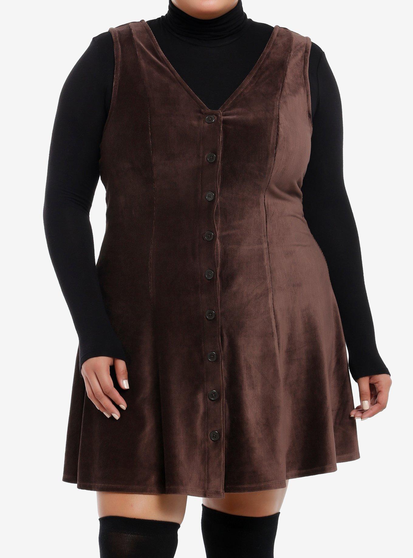 Thorn & Fable Brown Corduroy Tank Dress Plus Size, BROWN, hi-res