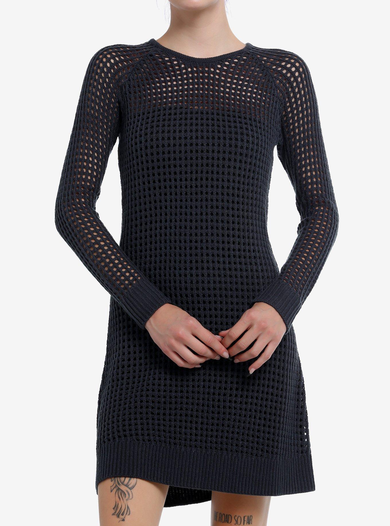 Social Collison Grey Open Knit Sweater Dress, , hi-res