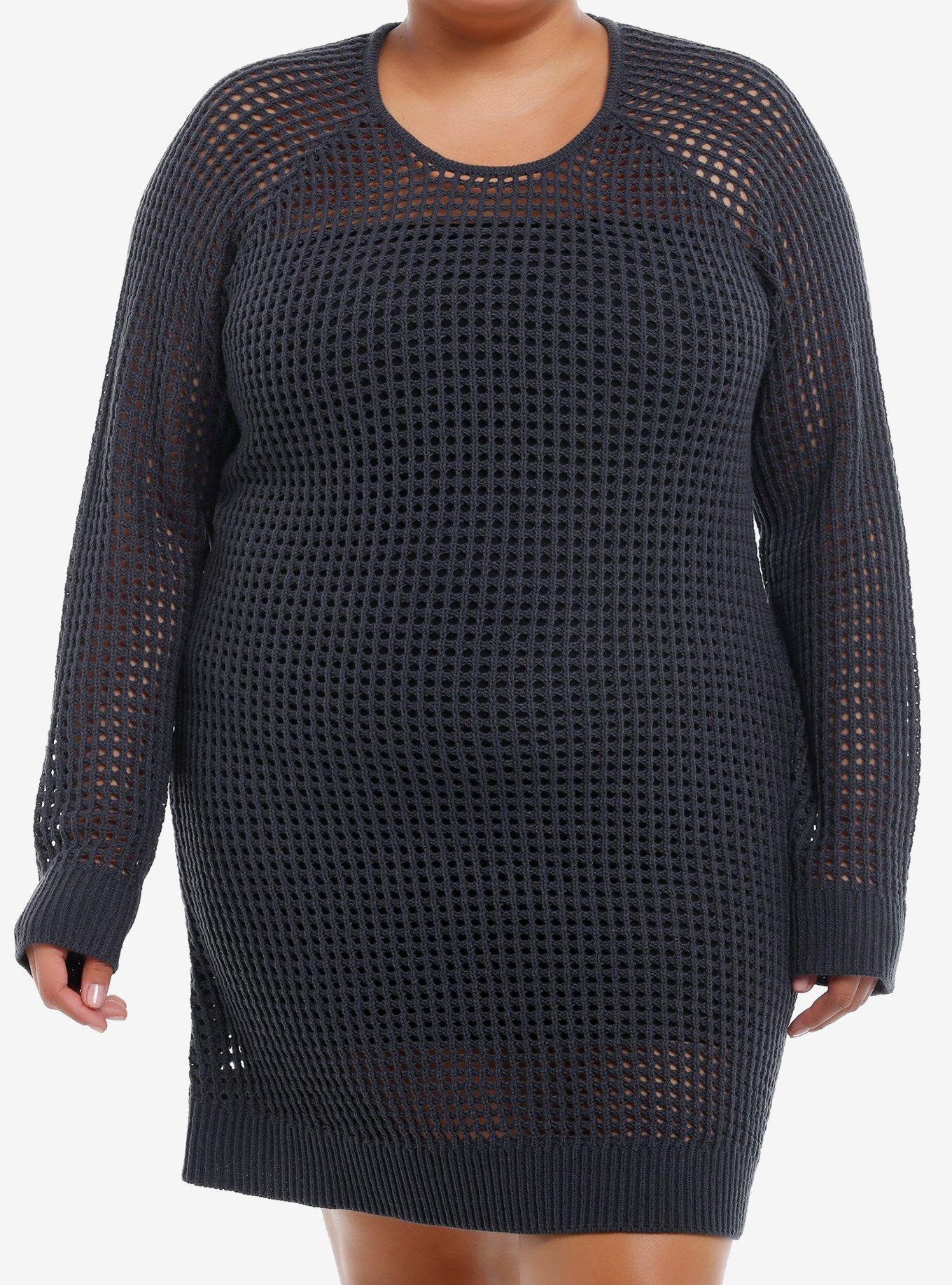 Social Collison Grey Open Knit Sweater Dress Plus Size, GREY, hi-res