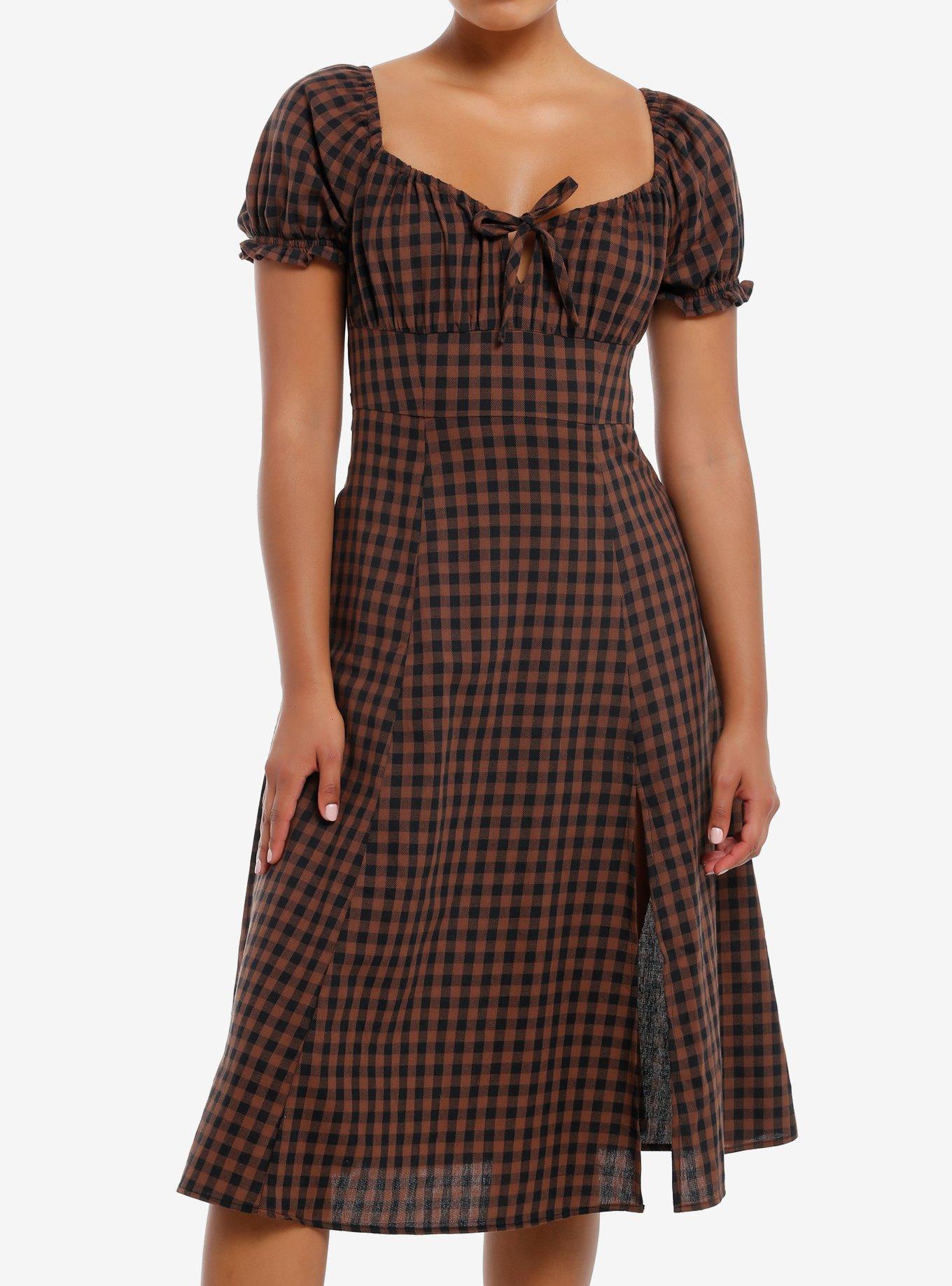 Thorn & Fable Brown & Black Checkered Empire Waist Midi Dress, , hi-res