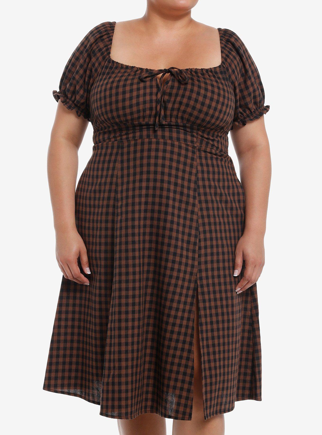 Thorn & Fable Brown & Black Checkered Empire Waist Midi Dress Plus Size, , hi-res