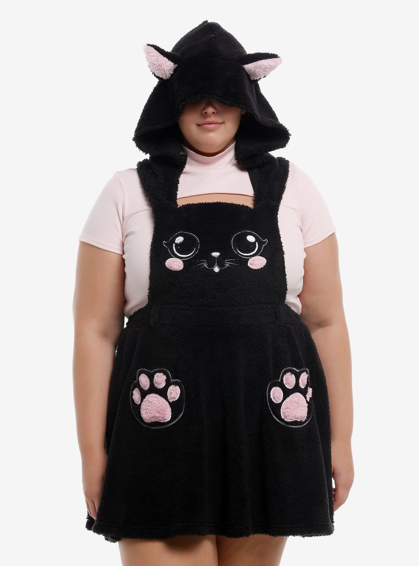 Sweet Society Black Cat Fuzzy Hooded Skirtall Plus Size, , hi-res