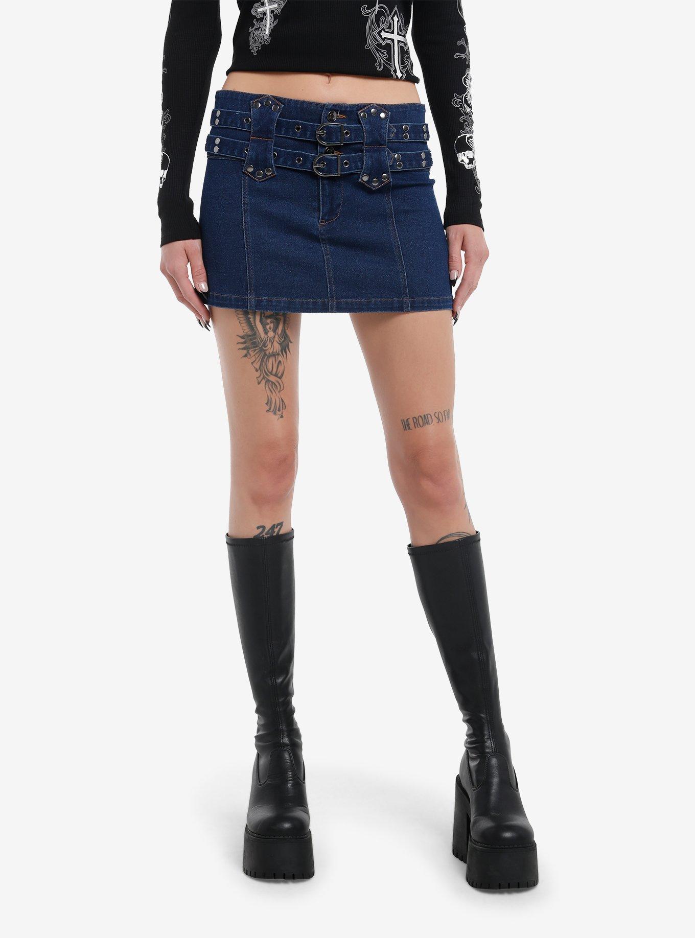 Social Collision Indigo Double-Belted Denim Mini Skirt, SILVER, hi-res