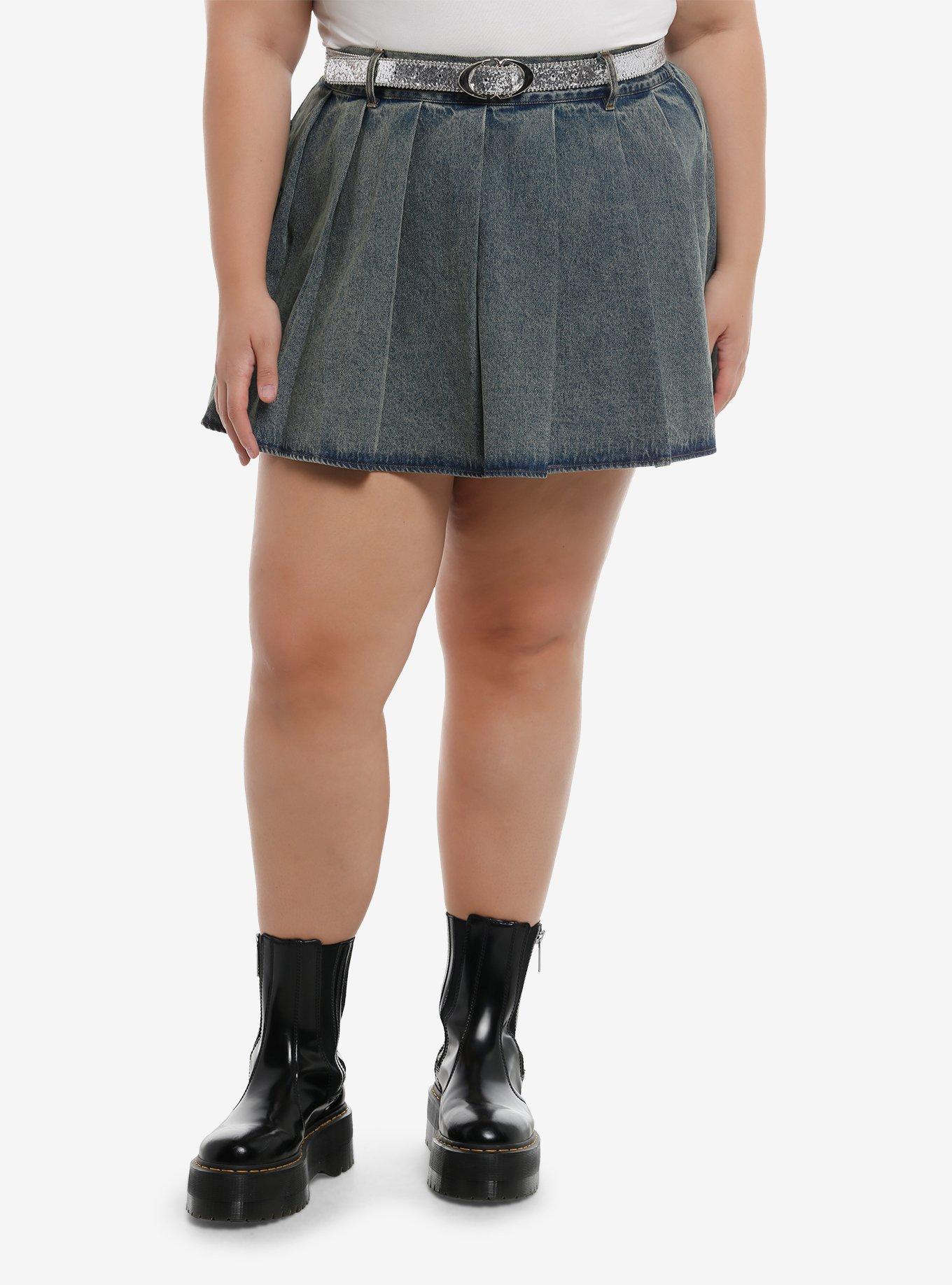 Social Collision Glitter Belt Denim Pleated Skirt Plus Size, , hi-res