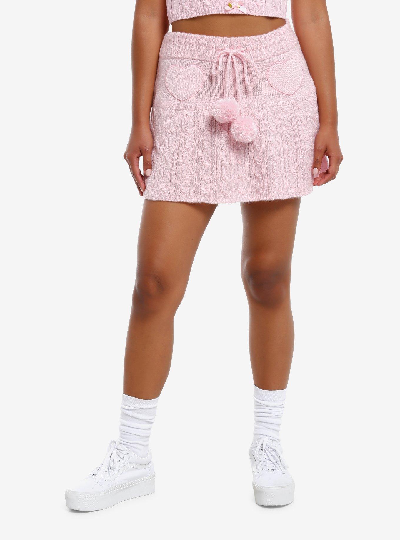 Sweet Society Pastel Pink Cable Knit Heart Mini Skirt, PINK, hi-res