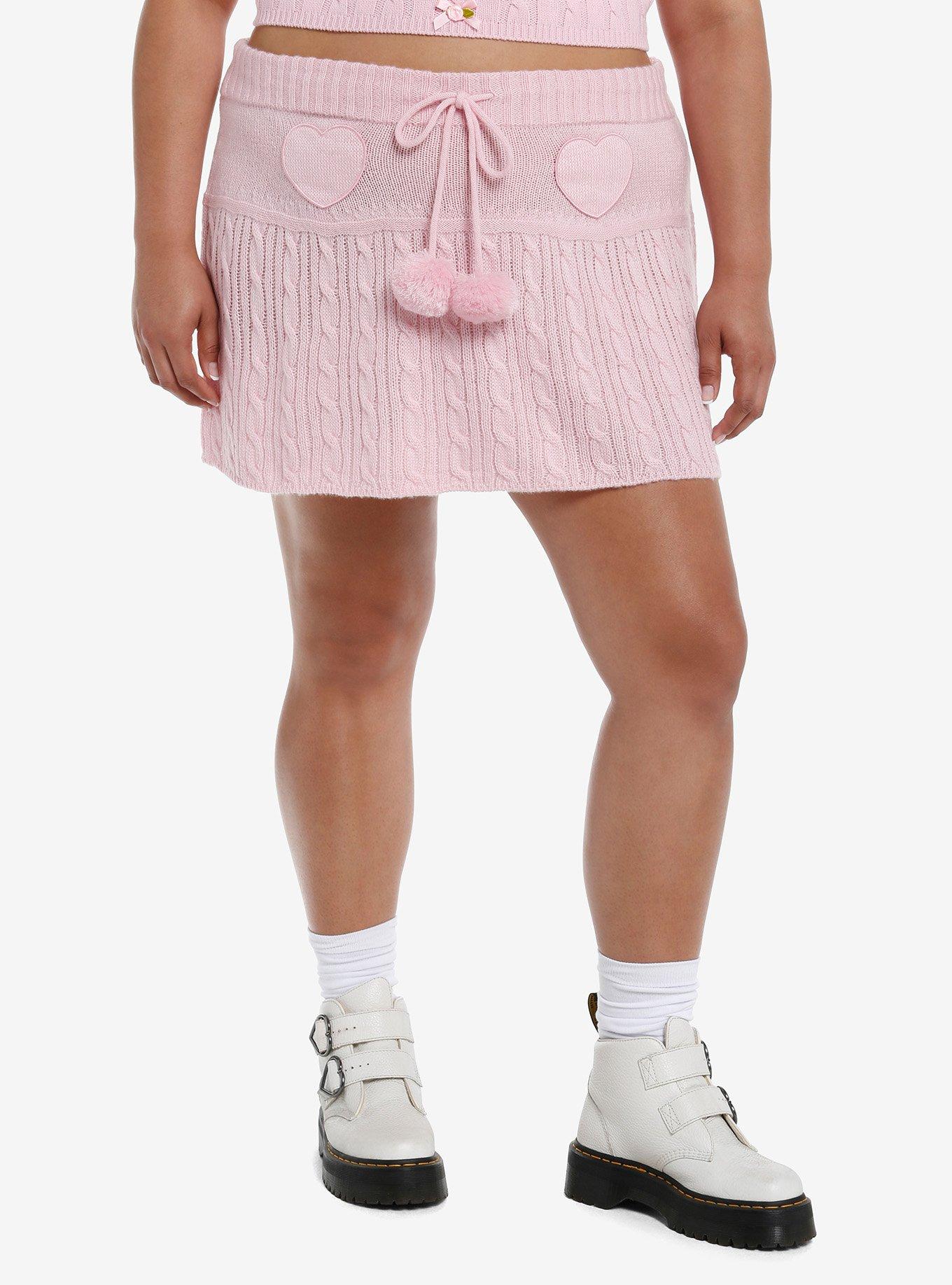 Sweet Society Pastel Pink Cable Knit Heart Mini Skirt Plus Size, , hi-res