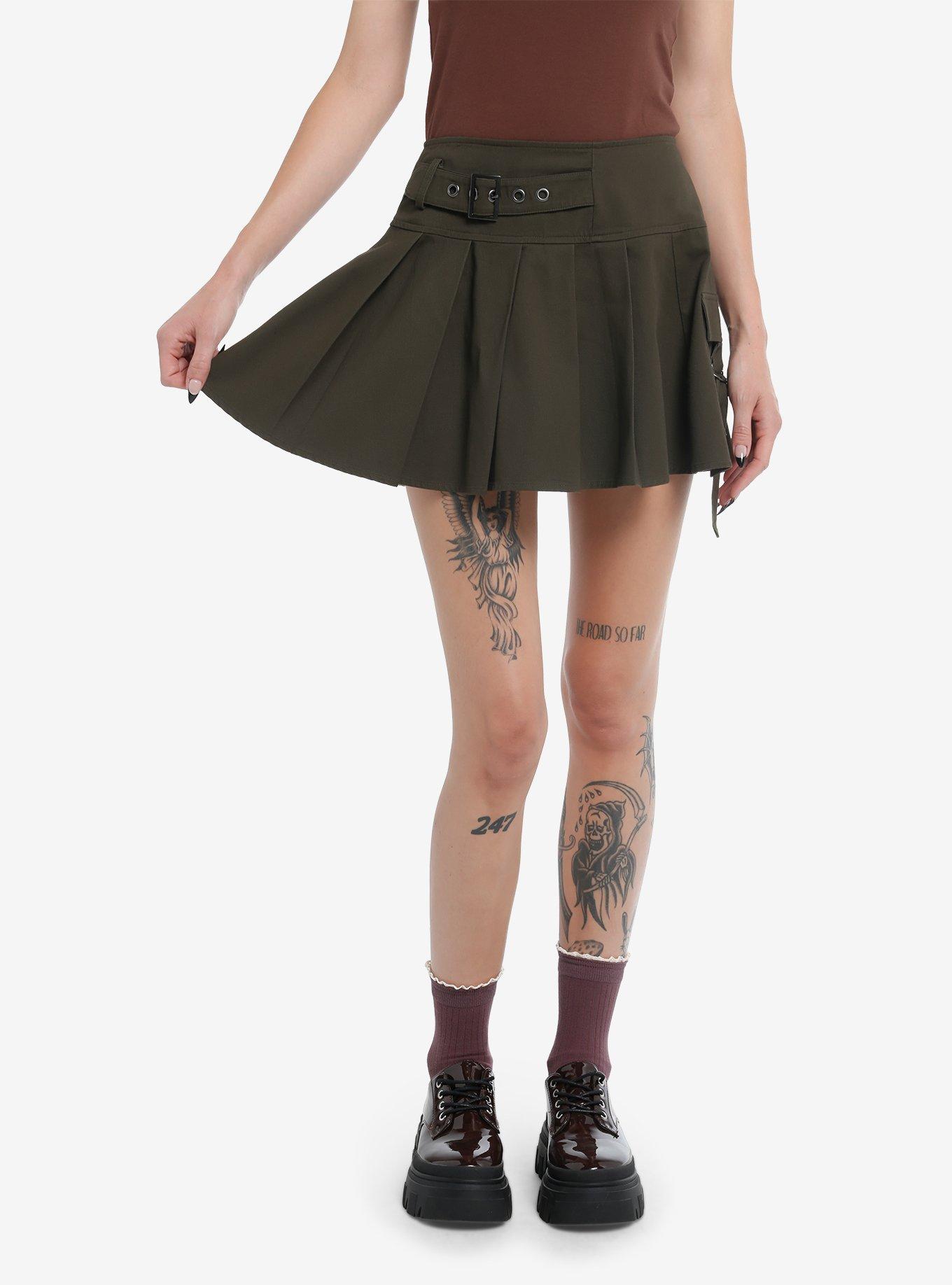 Thorn & Fable Army Green Cargo Pocket Pleated Skirt, , hi-res