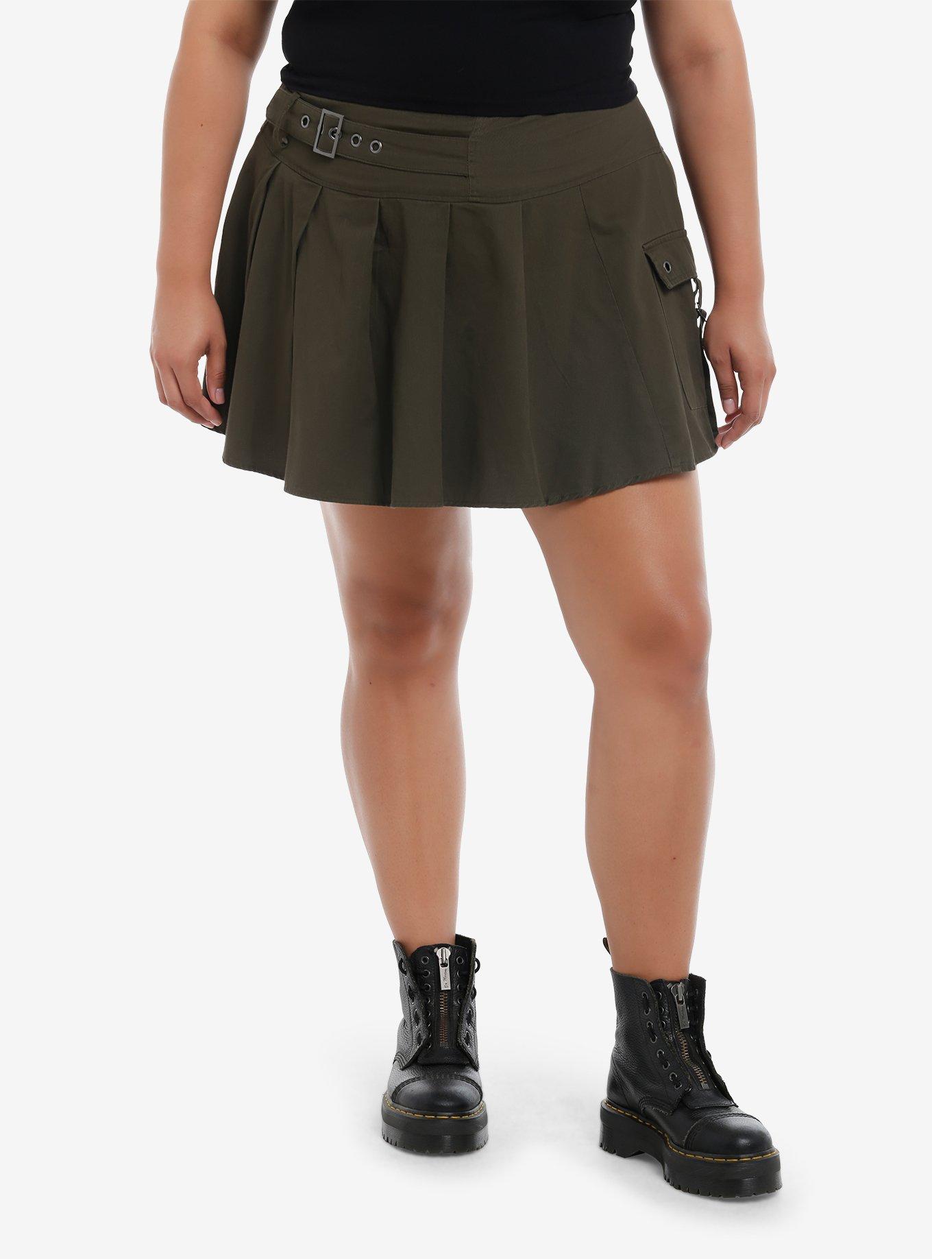 Thorn & Fable Army Green Cargo Pocket Pleated Skirt Plus Size, , hi-res
