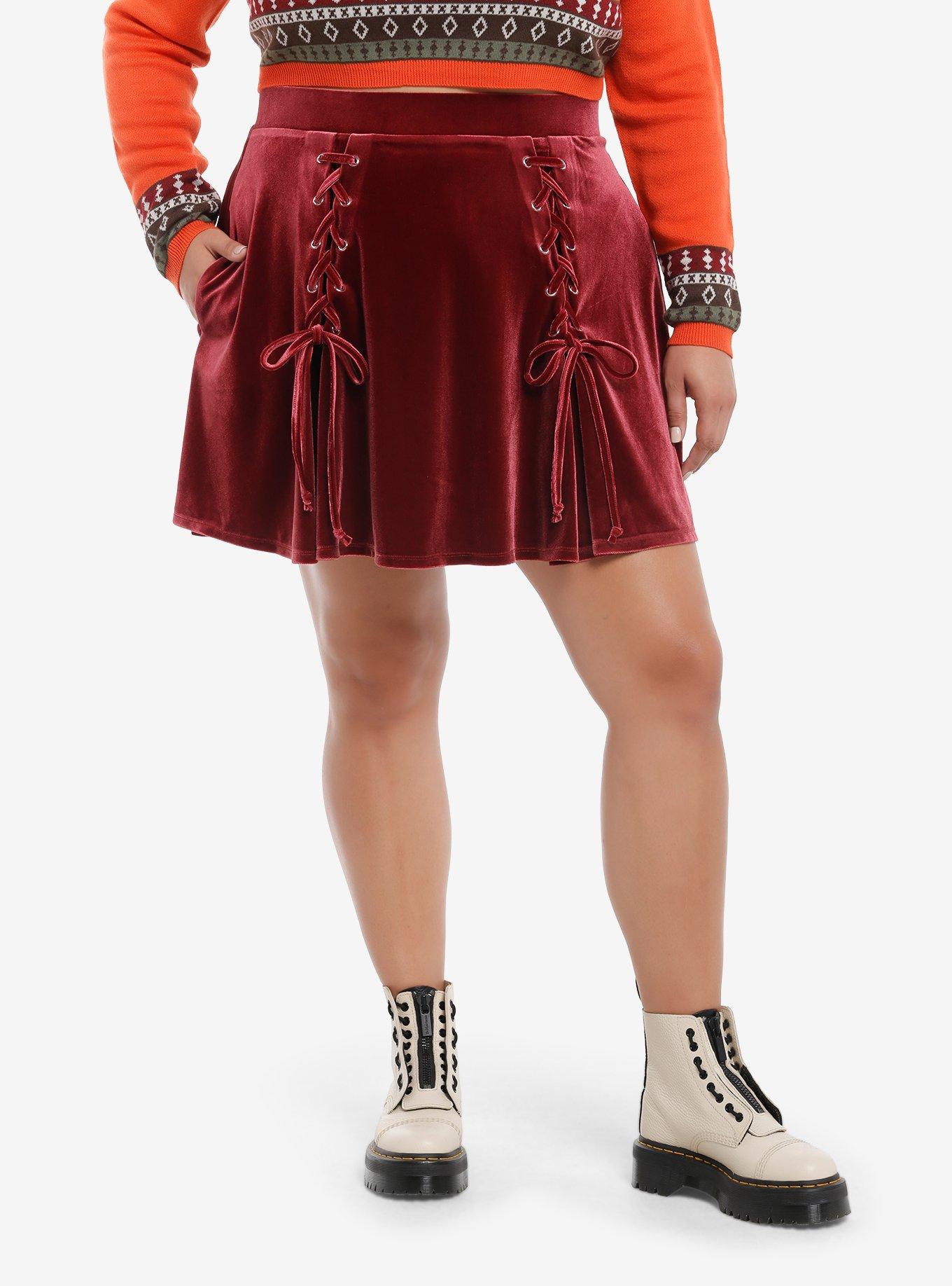 Thorn & Fable Burgundy Velvet Lace-Up Skater Skirt Plus Size, , hi-res