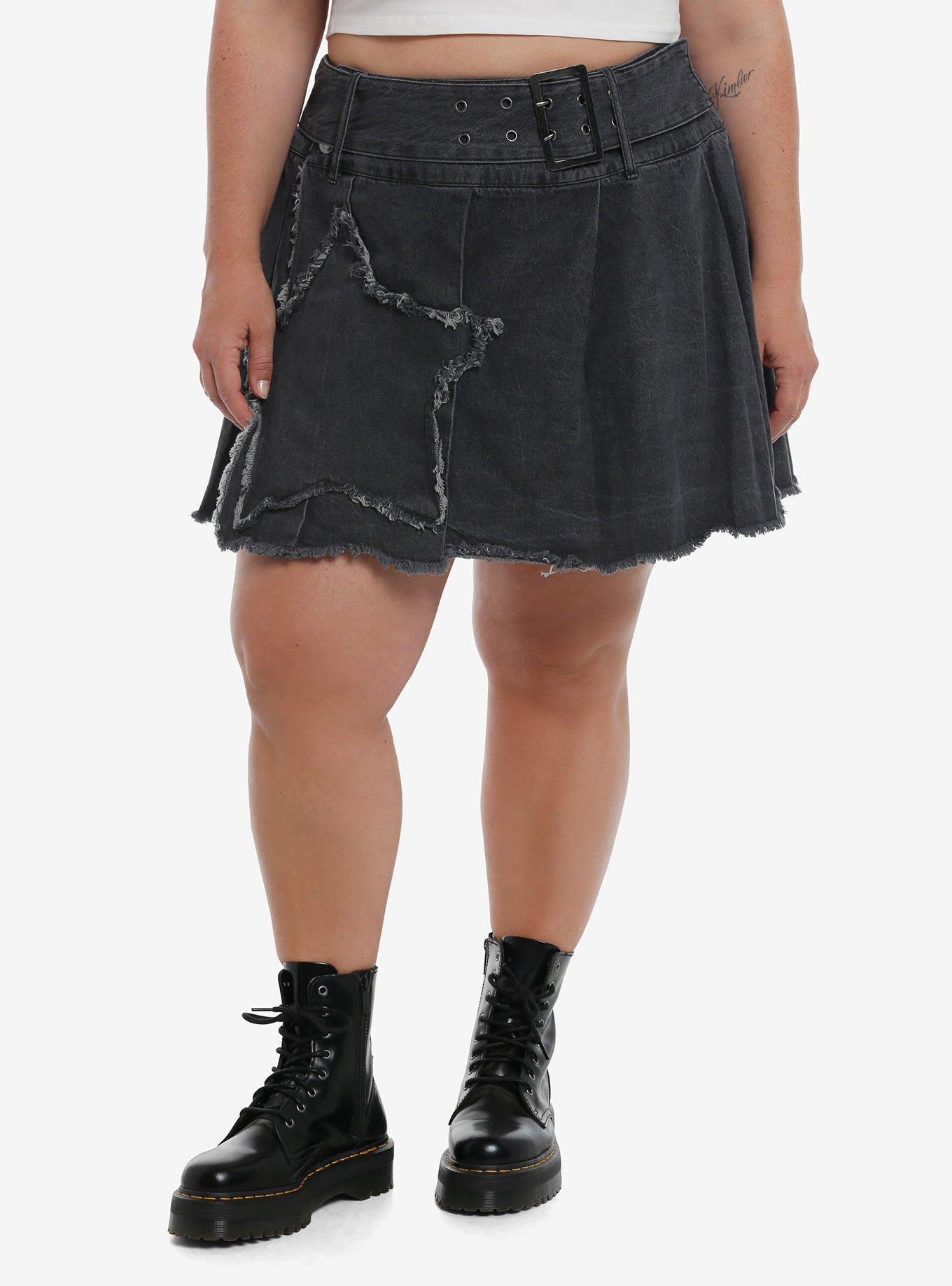 Social Collision Grey Frayed Star Pleated Denim Skirt Plus Size, , hi-res