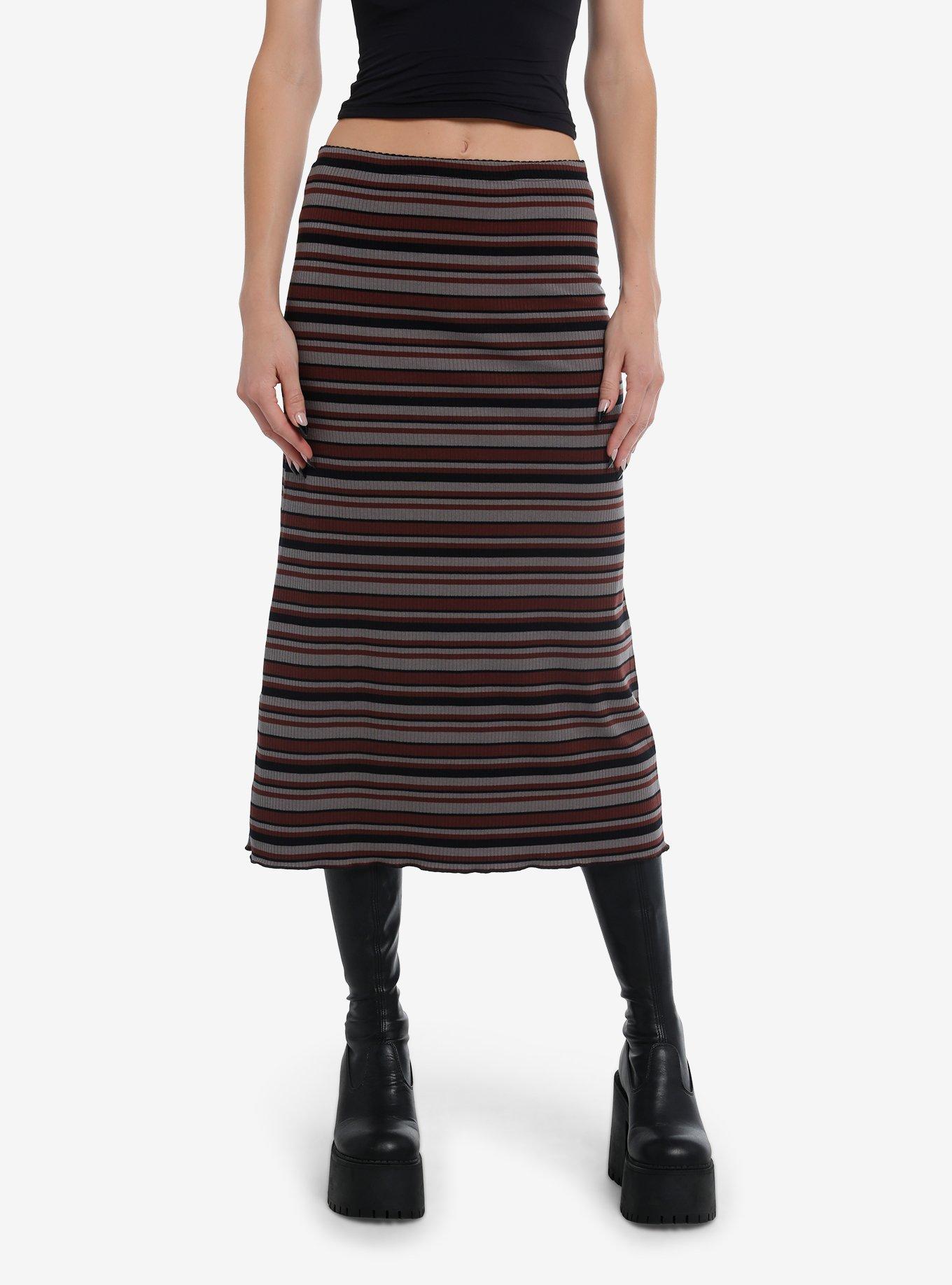 Thorn & Fable Maroon Brown & Black Stripe Knit Midi Skirt, , hi-res