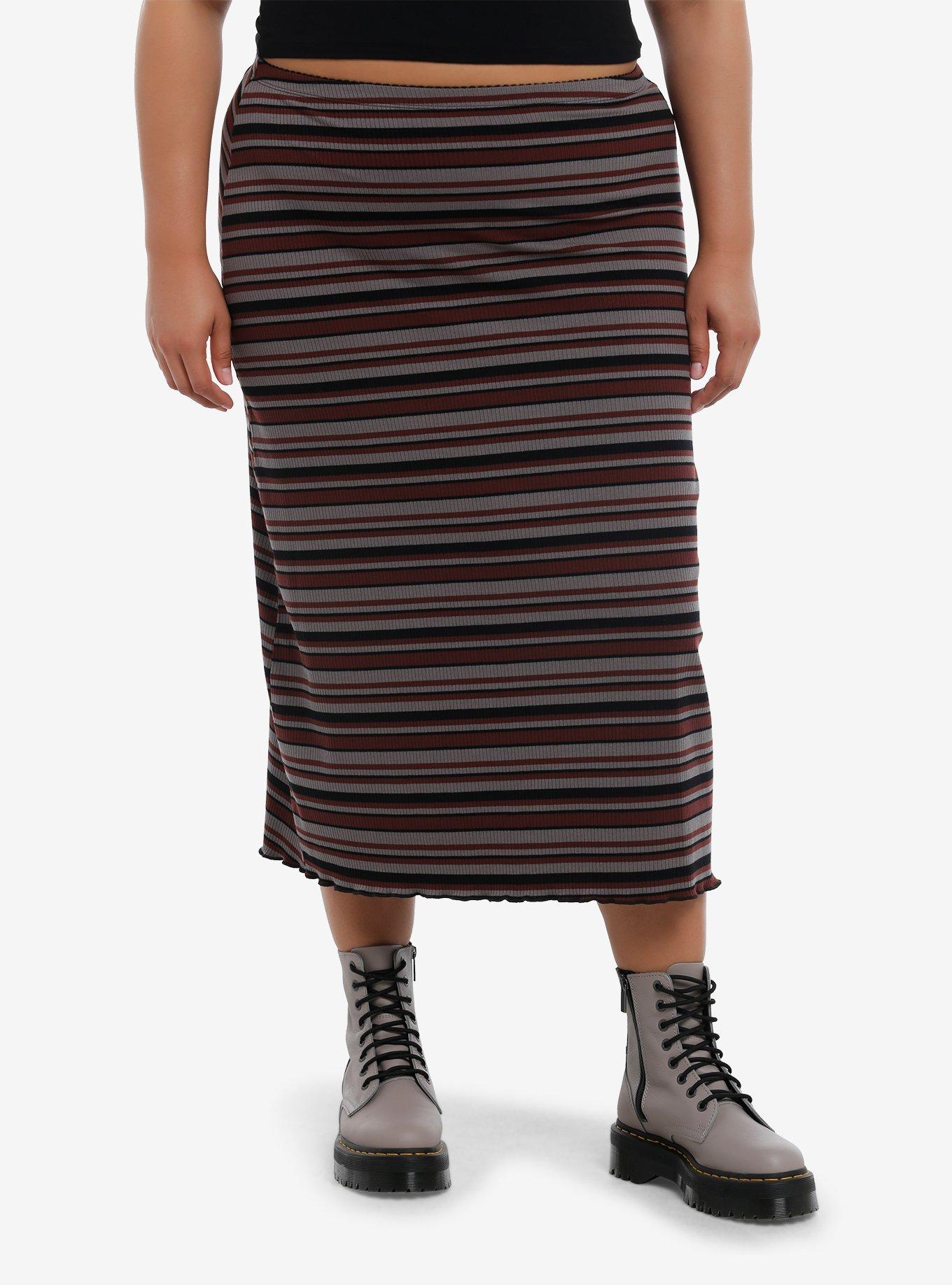 Thorn & Fable Maroon Brown & Black Stripe Knit Midi Skirt, , hi-res