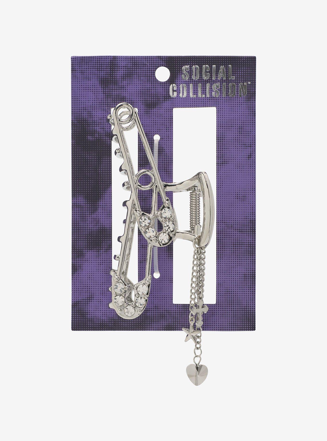 Social Collision Safety Pin Charm Claw Hair Clip, , hi-res