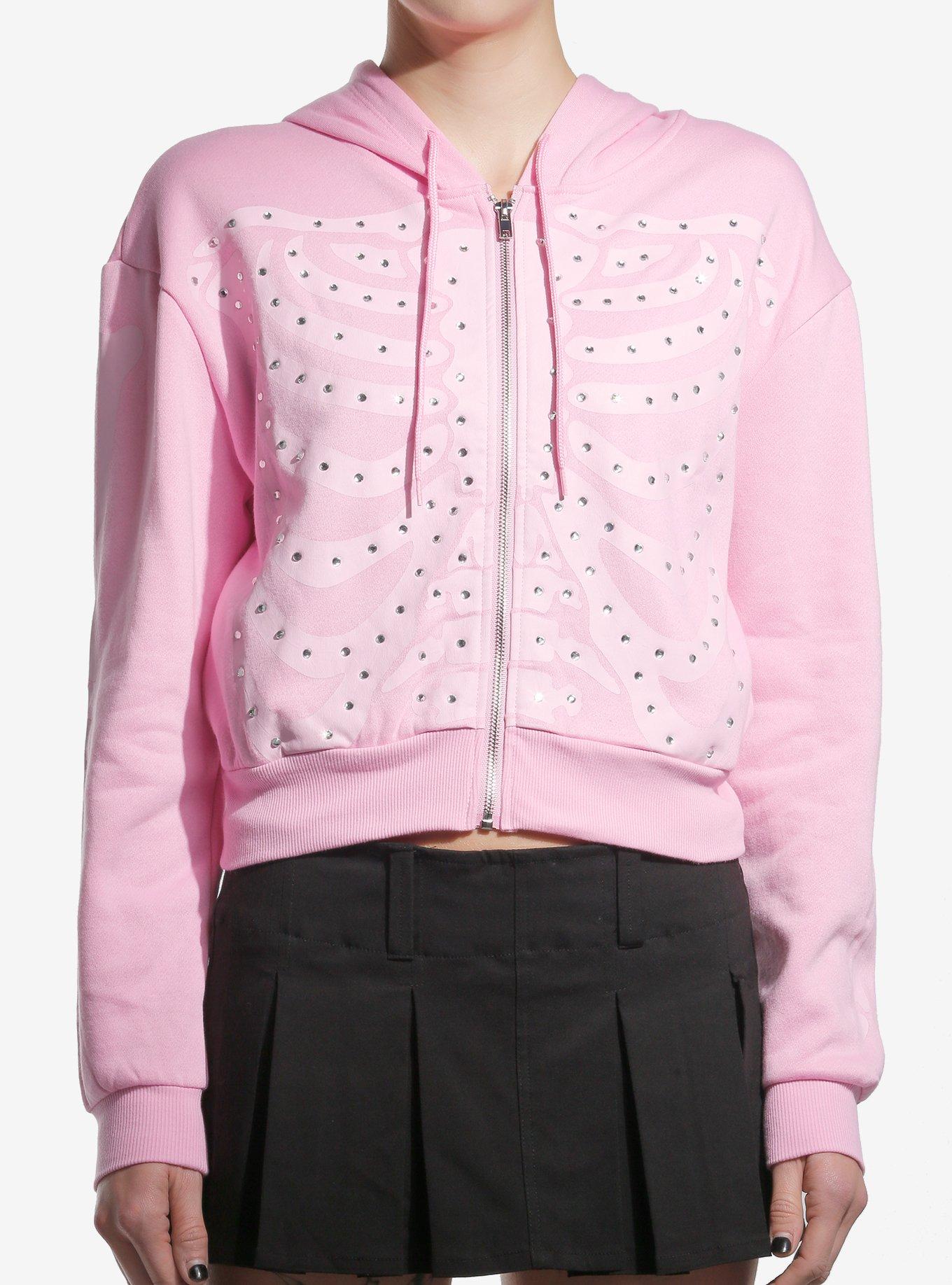 Pastel Pink Rib Cage Rhinestone Girls Hoodie, , hi-res