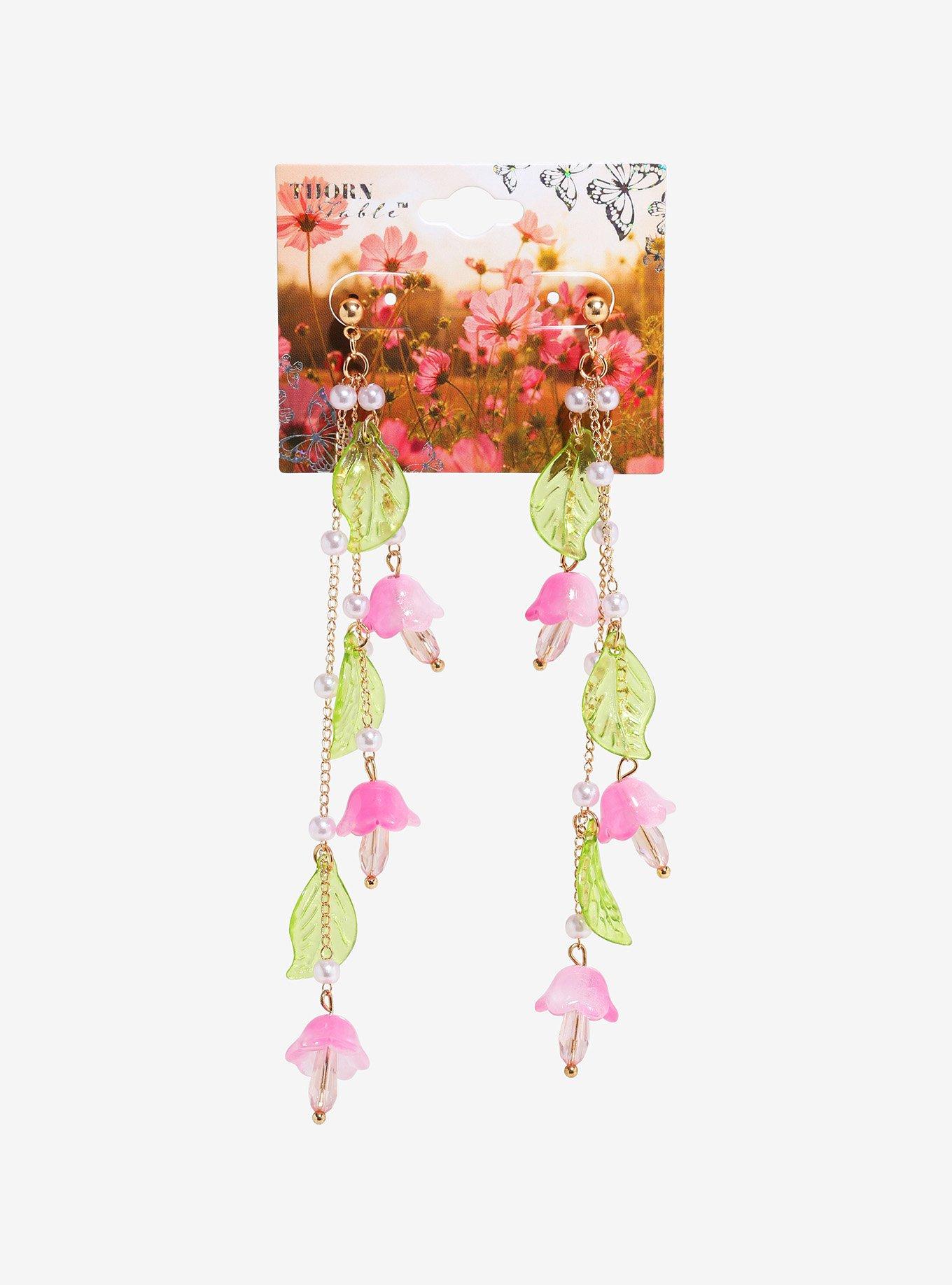 Thorn & Fable Pink Floral Drop Earrings, , hi-res