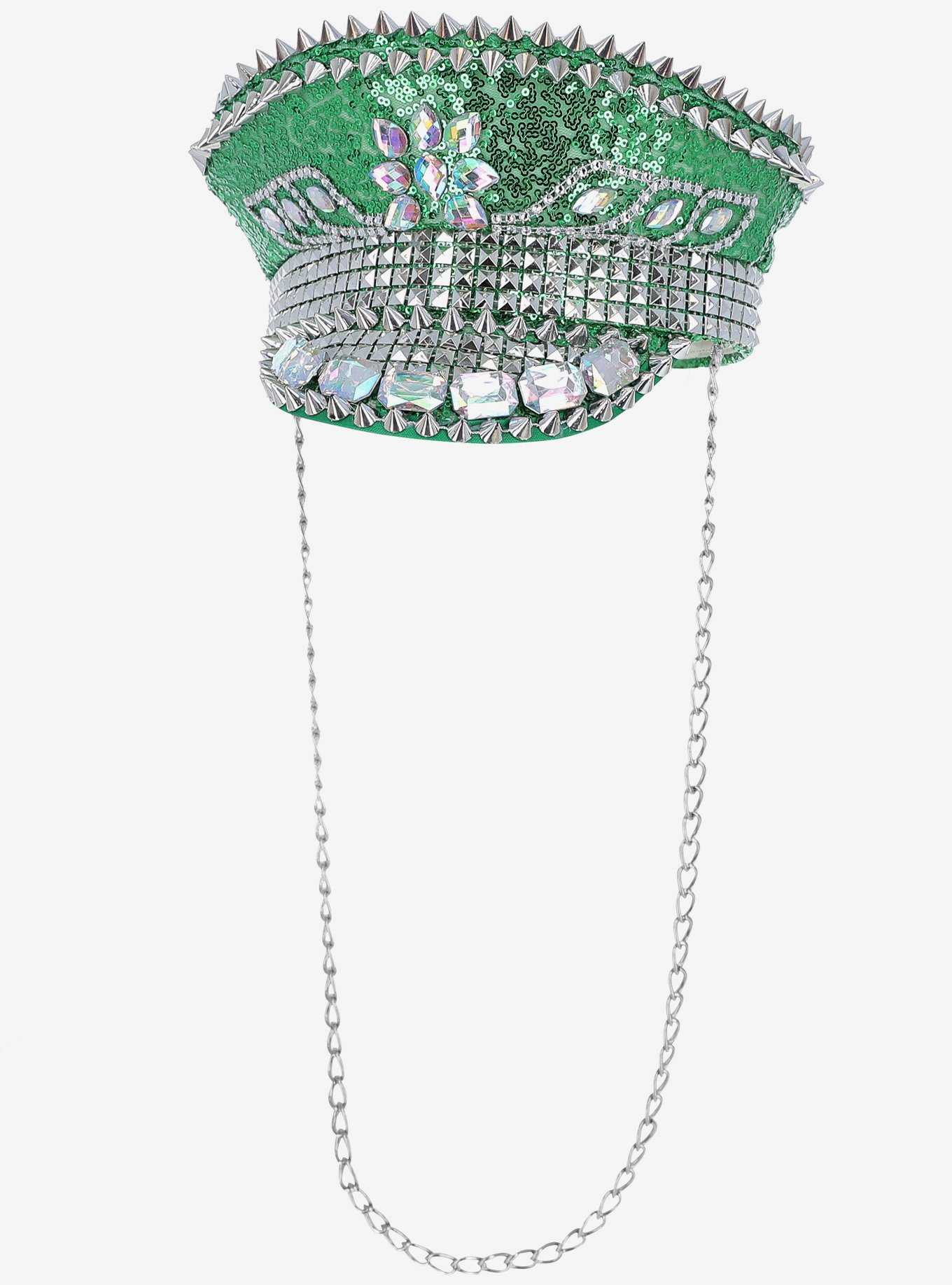 Deluxe Sequin Studded Captains Hat Green, , hi-res