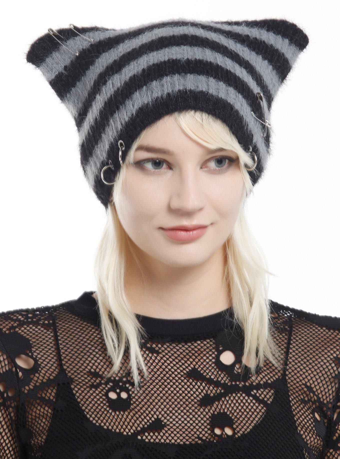 Black & Grey Stripe Ear Pierced Beanie, , hi-res