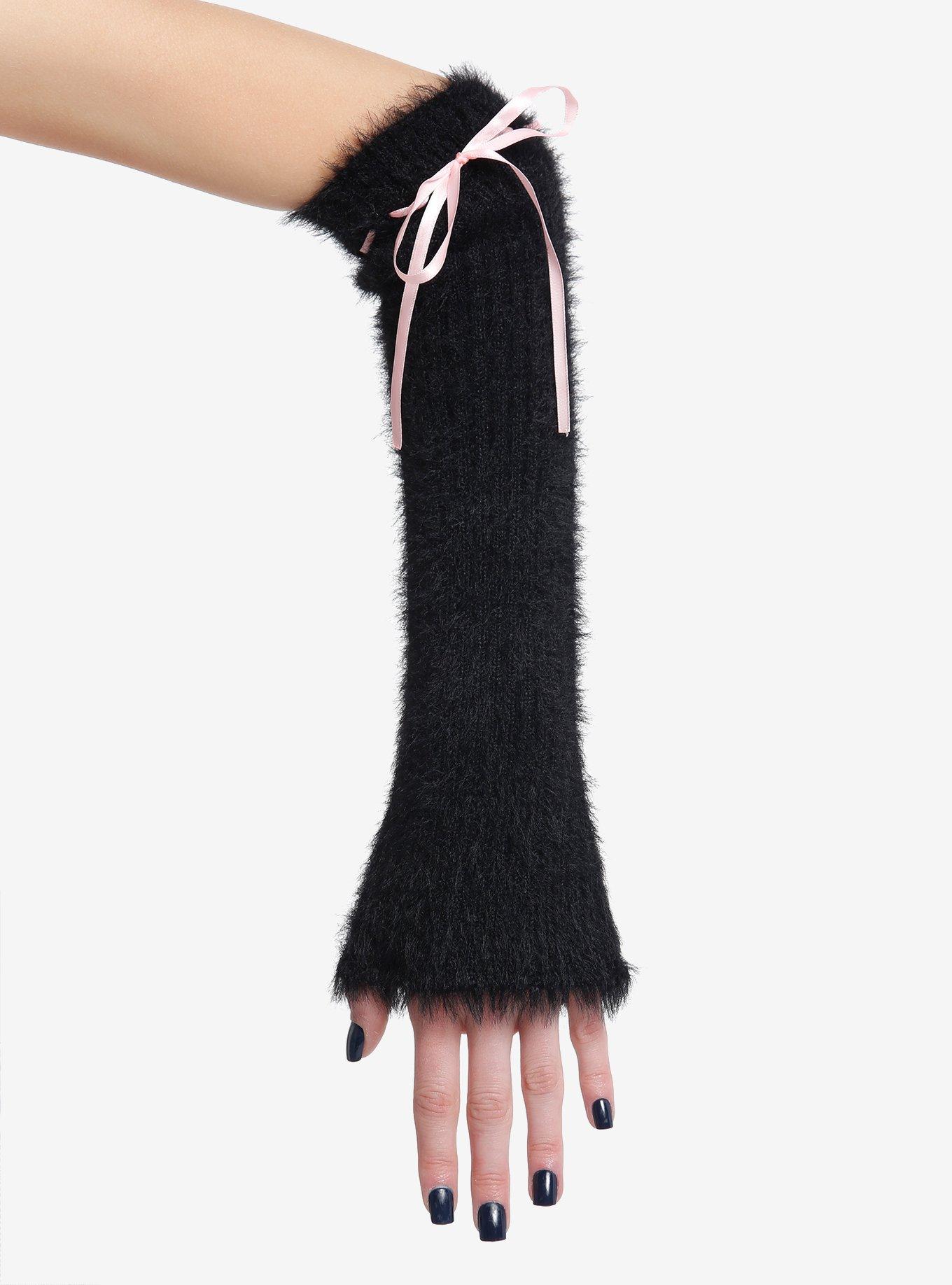 Black & Pink Bow Fuzzy Arm Warmers, , hi-res