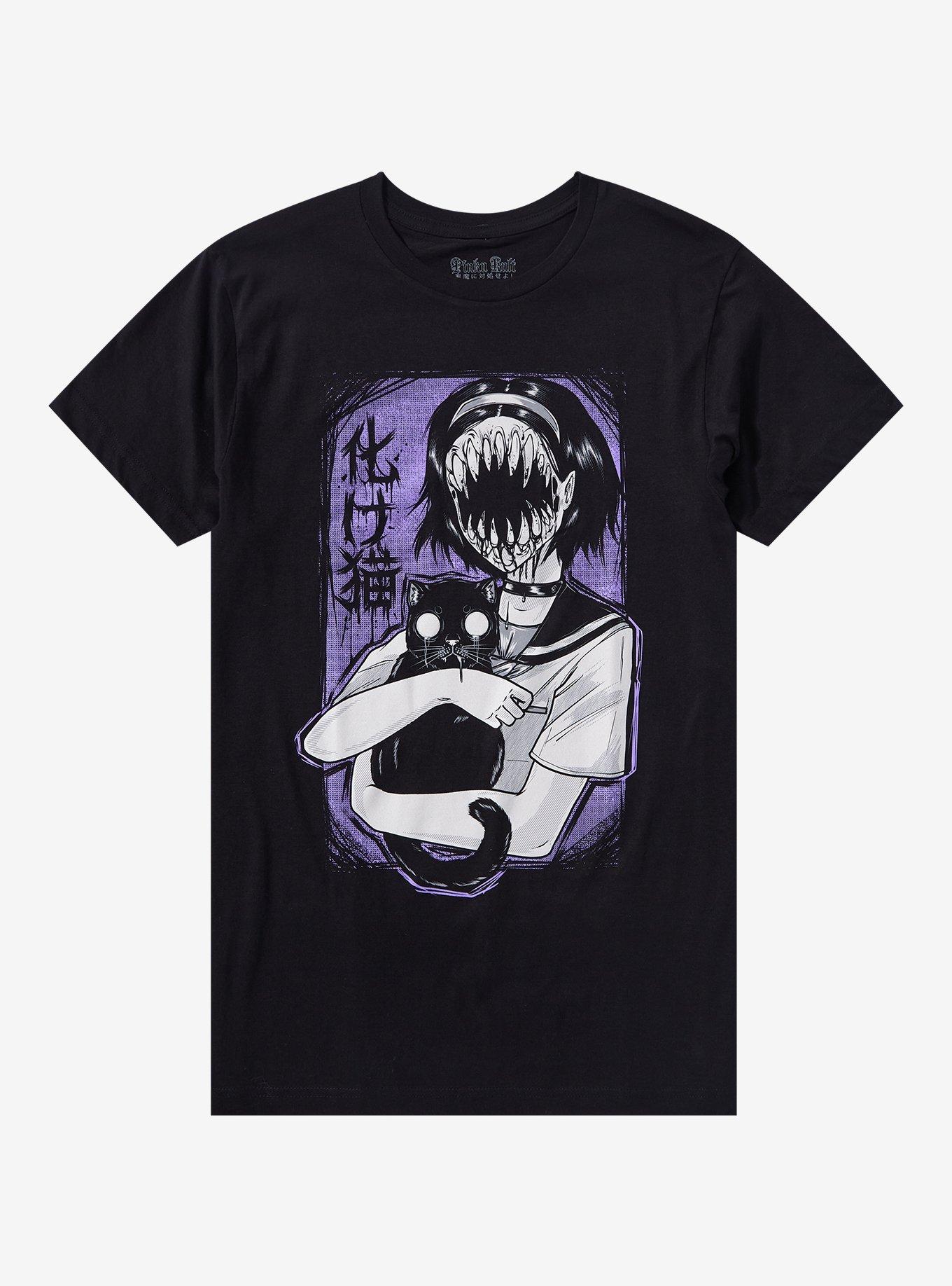 Monster Girl With Cat T-Shirt By Pinku Kult, BLACK, hi-res